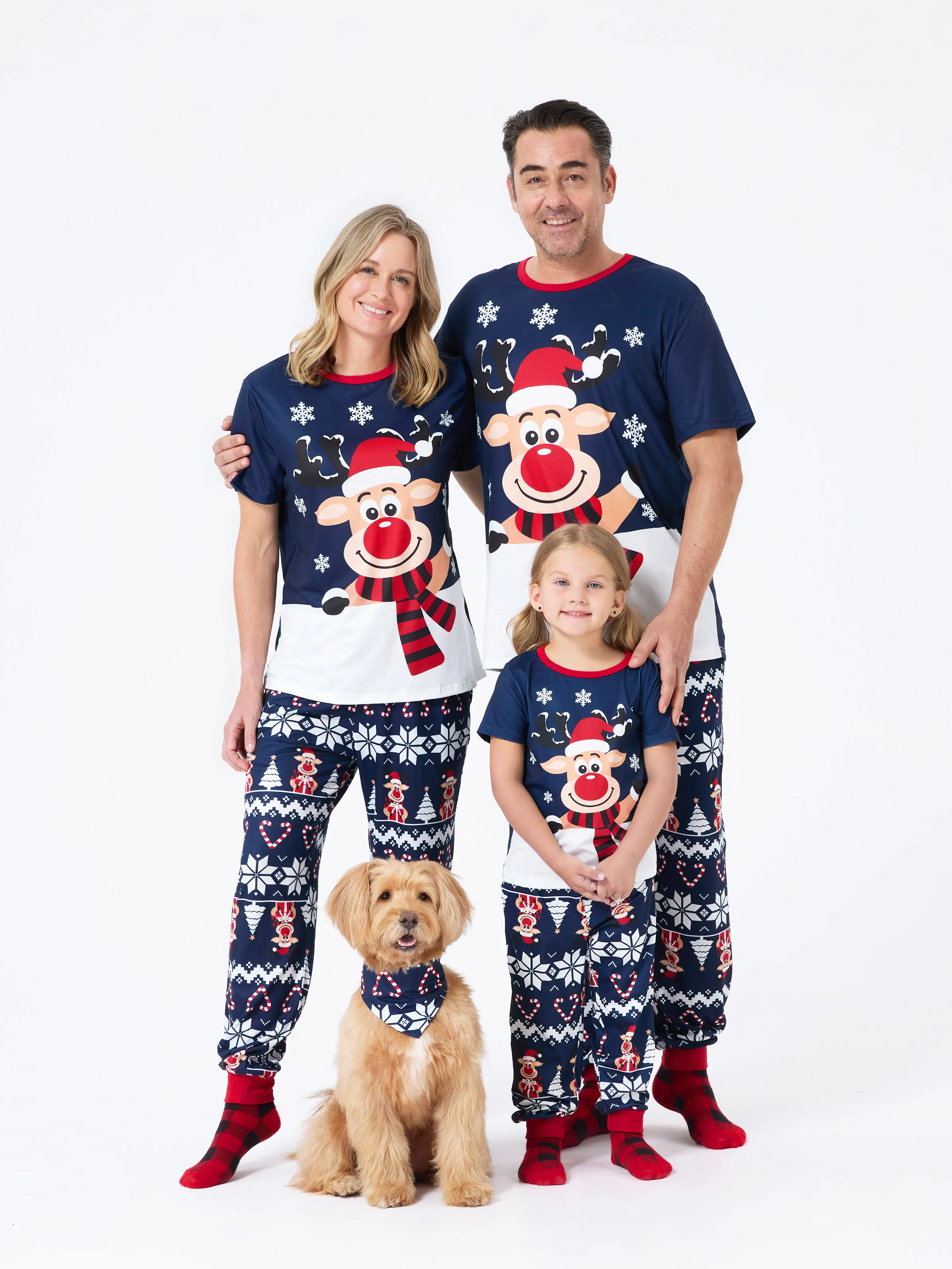 Christmas Matching Family Pajamas Set Reindeer and Snowflake Print PJS Deep Blue - XNAUWBI