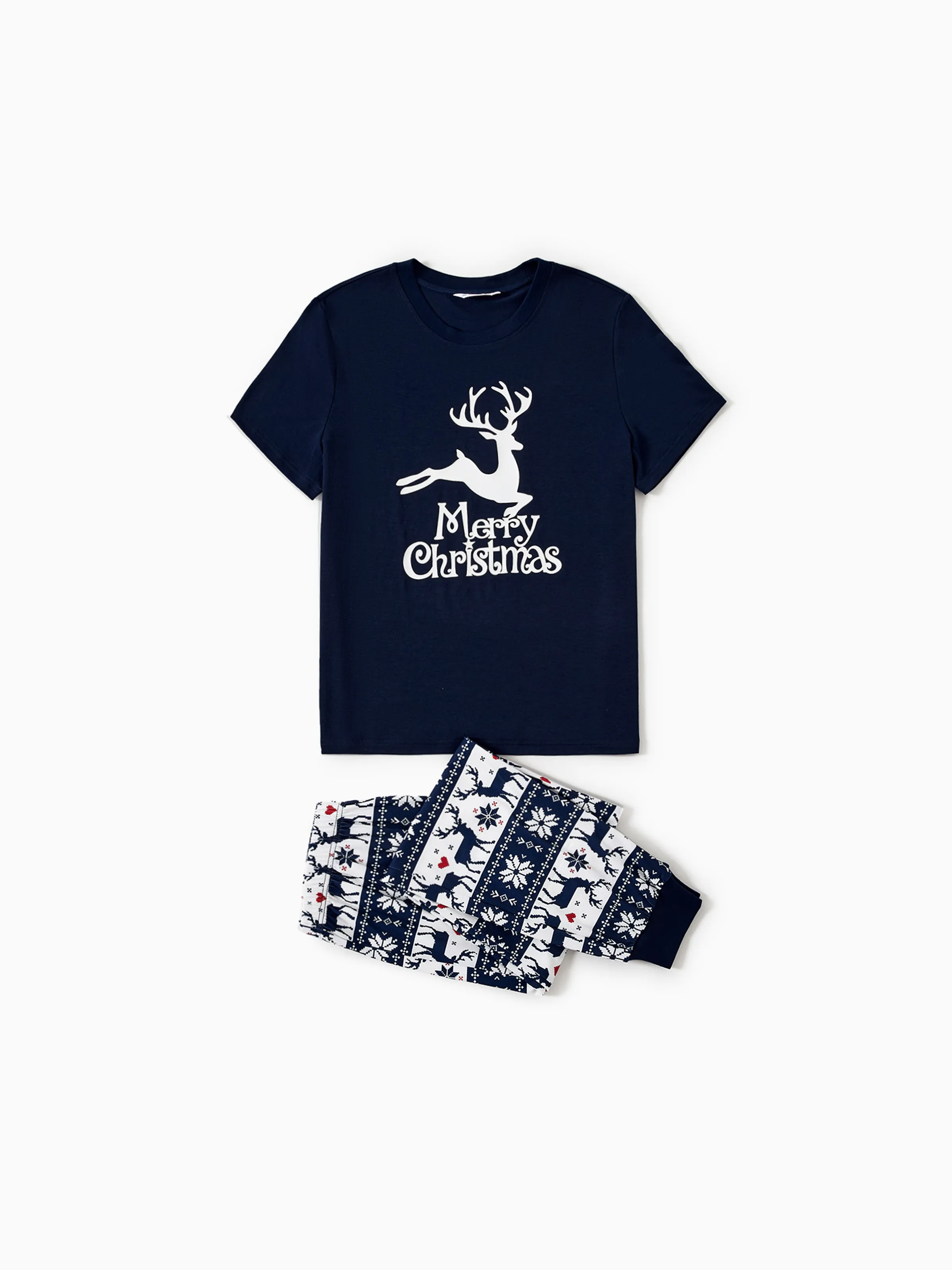 Christmas Reindeer Print Glow in the Dark Family Matching Pajamas Sets with Christmas Socks Deep Blue - XNAUWBI