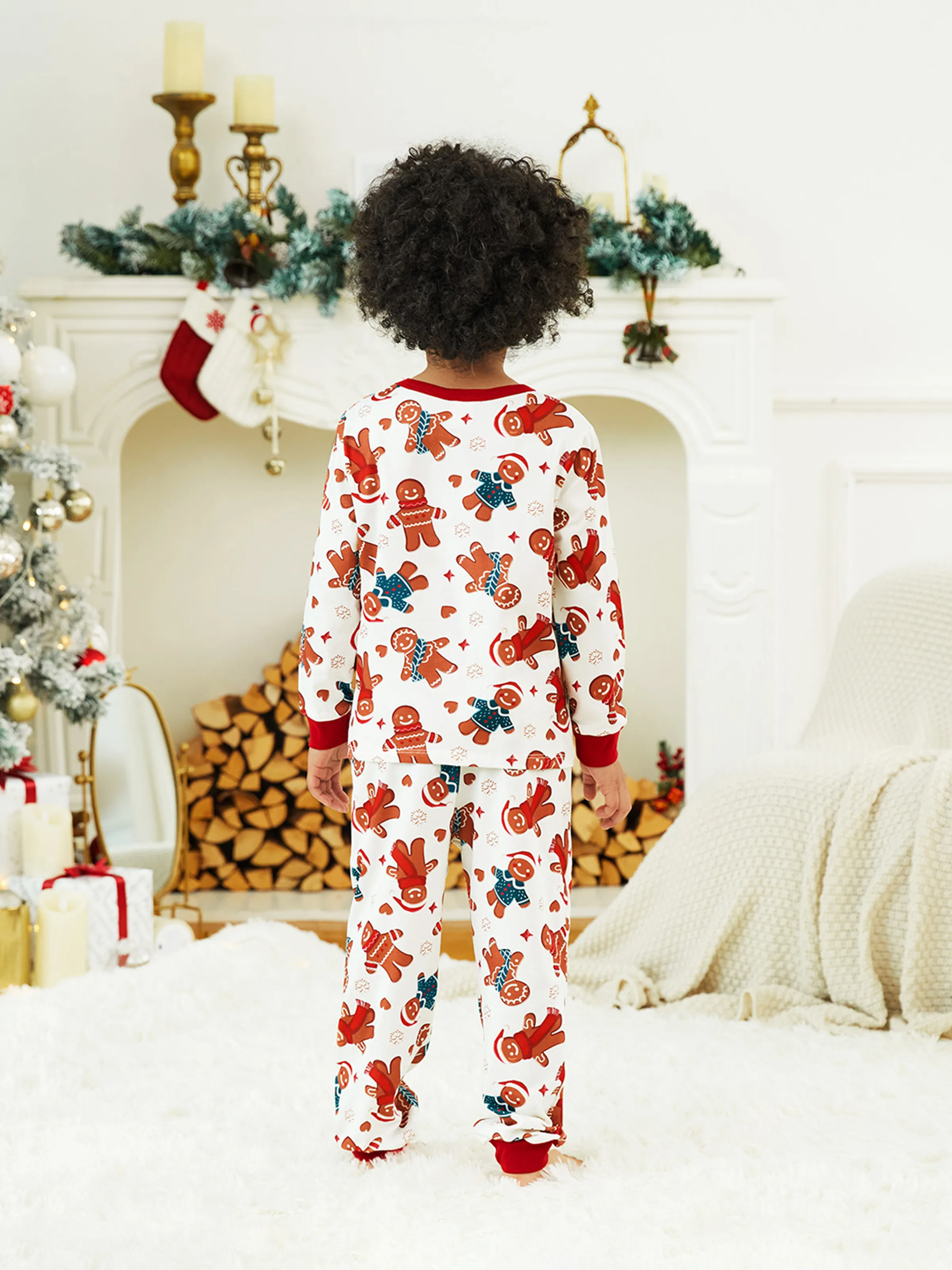 Christmas Family Matching Cartoon Gingerbread Man Allover Print Pajamas Sets with Christmas Socks White - XNAUWBI
