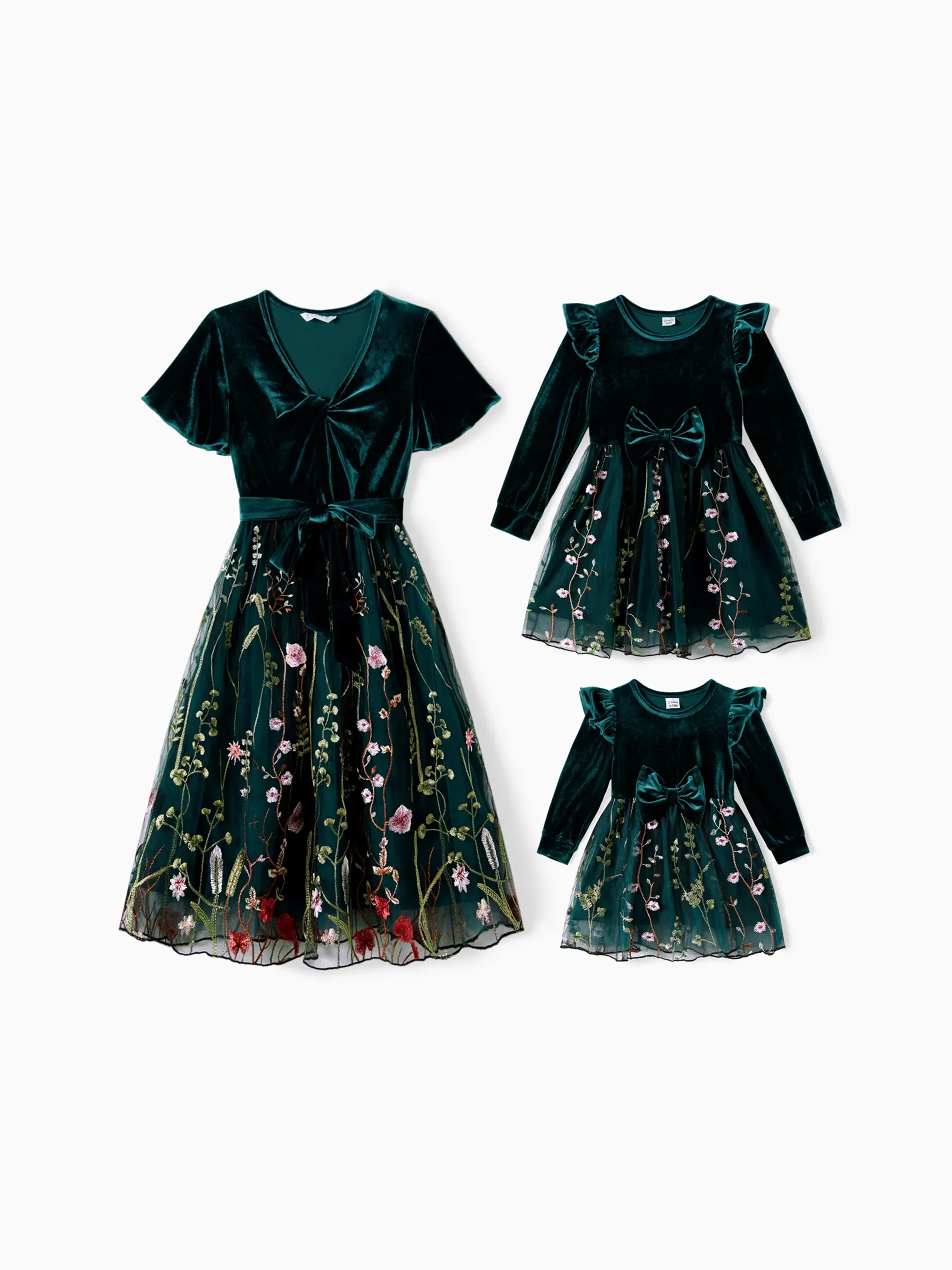 Mommy and Me Casual Dresses - Big Flower Print, Medium Thickness, Short Sleeve, Opaque, Regular Fit Dark Green - XNAUWBI