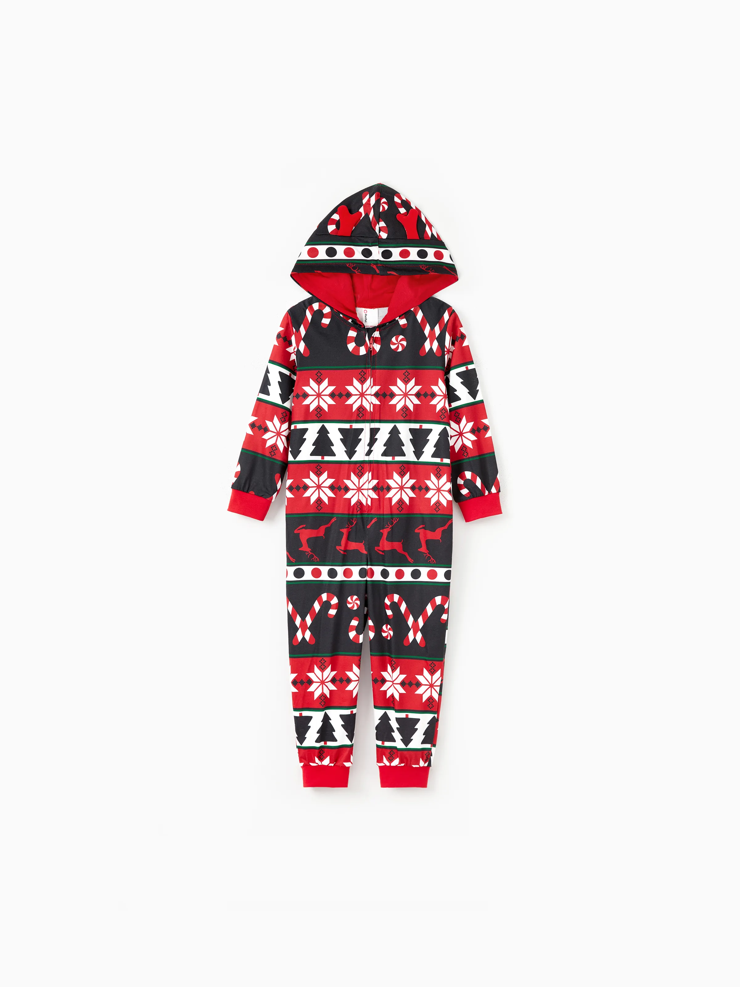 Christmas Pajamas 3D Reindeer Pattern Zipper Hooded Onesies Matching Family Outfits red/black - XNAUWBI