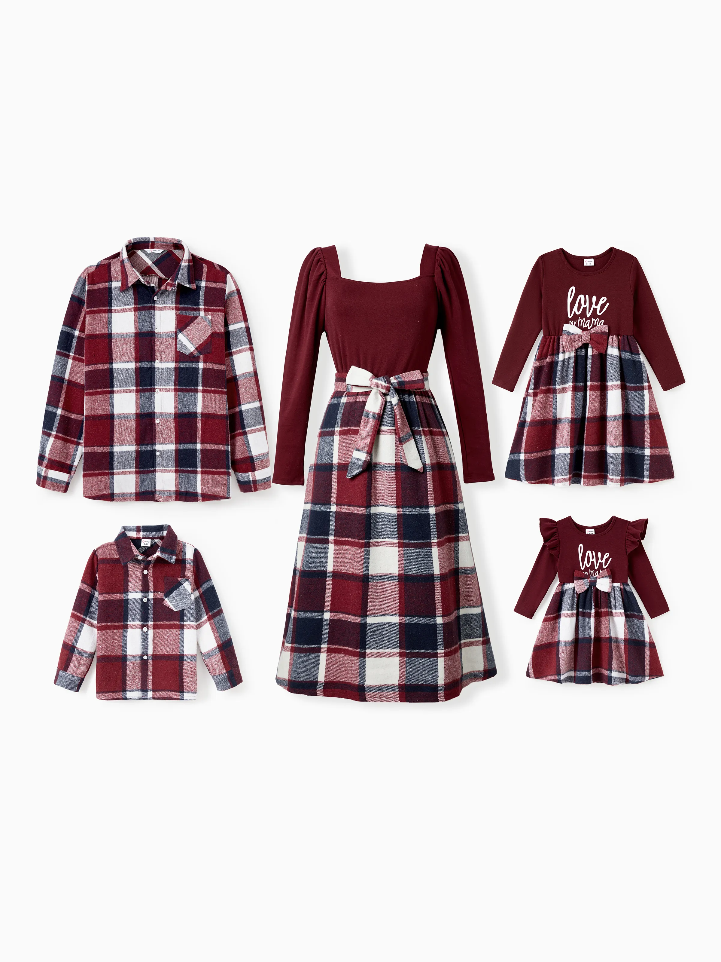 Family Matching Casual Long Sleeve Plaid Design Shirts and Knit Splicing Belted Dresses Sets WineRed - XNAUWBI