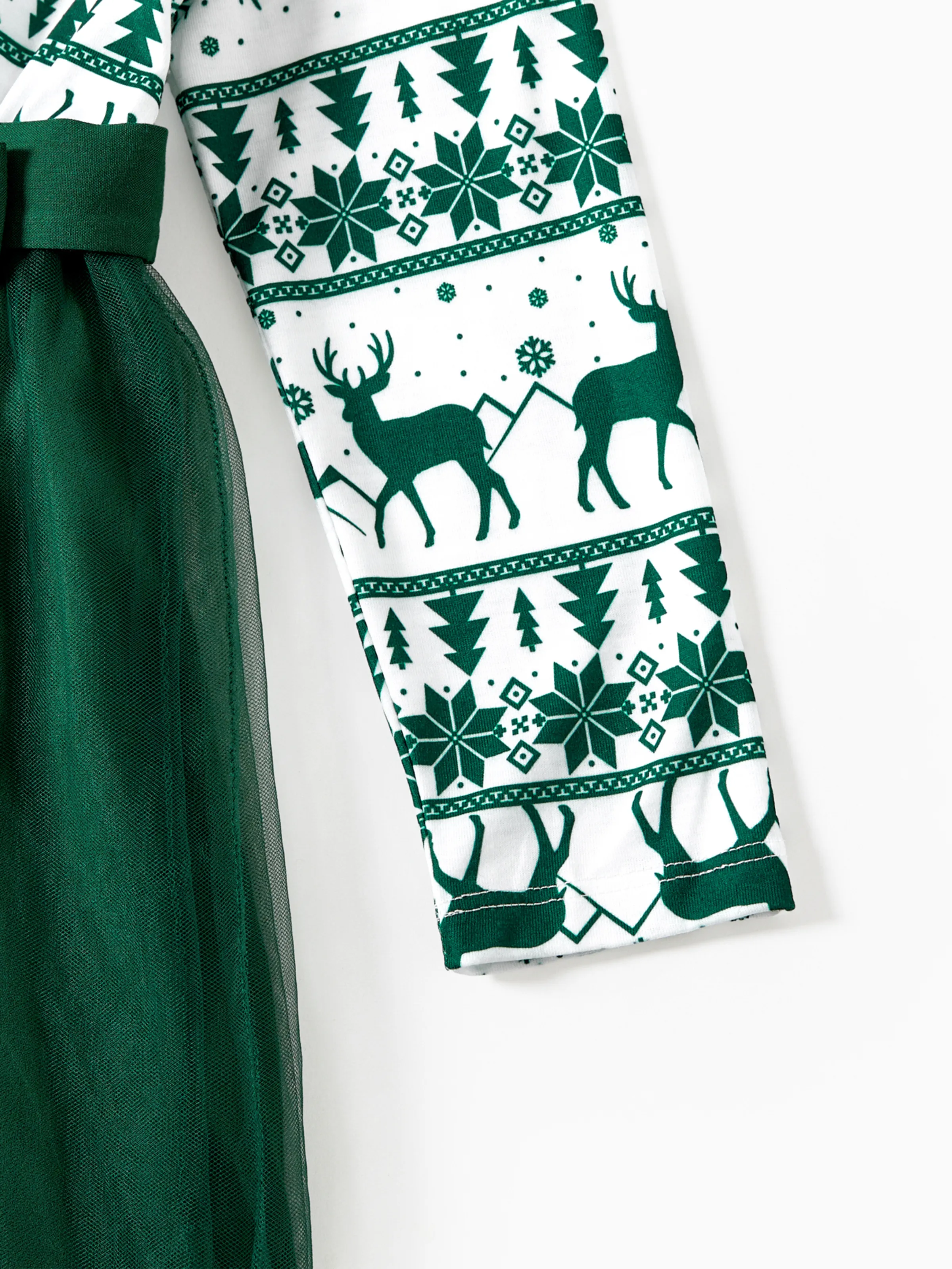 Christmas Family Matching Green Festival Theme Print Tops and Mesh Splicing Dresses Sets Green - XNAUWBI