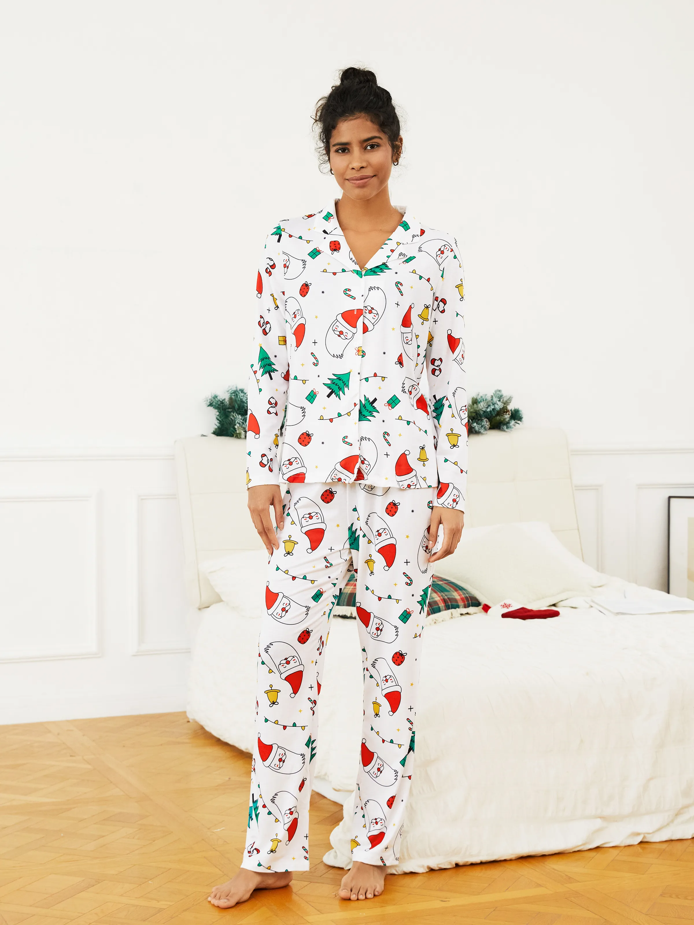 Christmas Family Matching Colorful Festival Theme Print Long Sleeve Pajamas Sets with Christmas Socks White - XNAUWBI