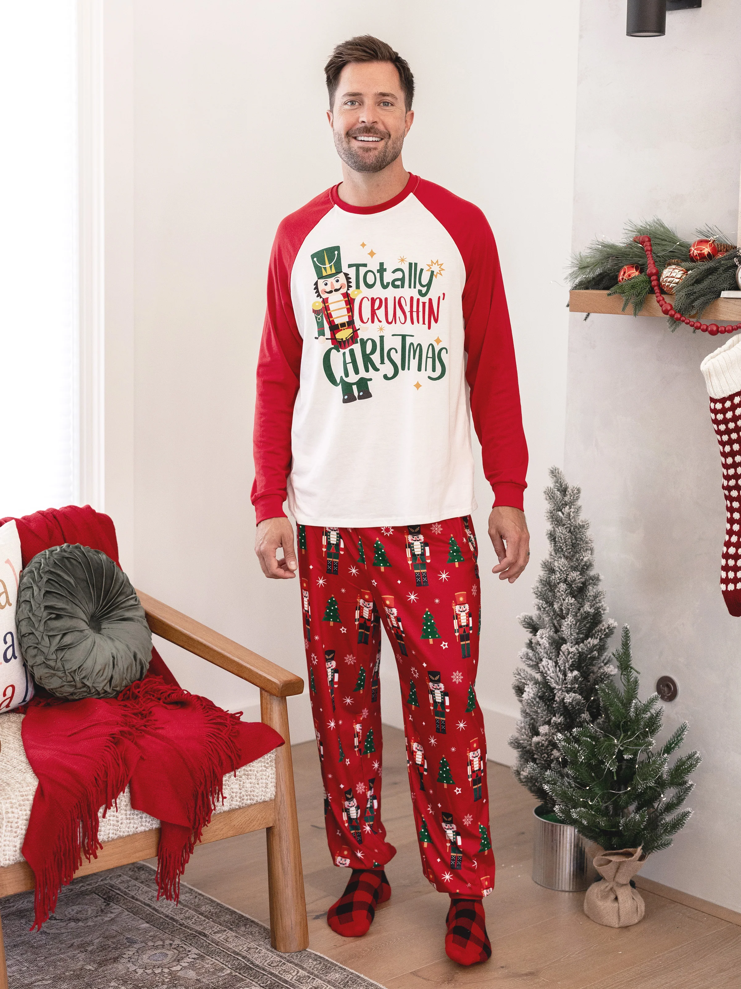 Christmas Matching Family Pajamas Set Nutcracker Print PJS with Christmas Socks Red - XNAUWBI