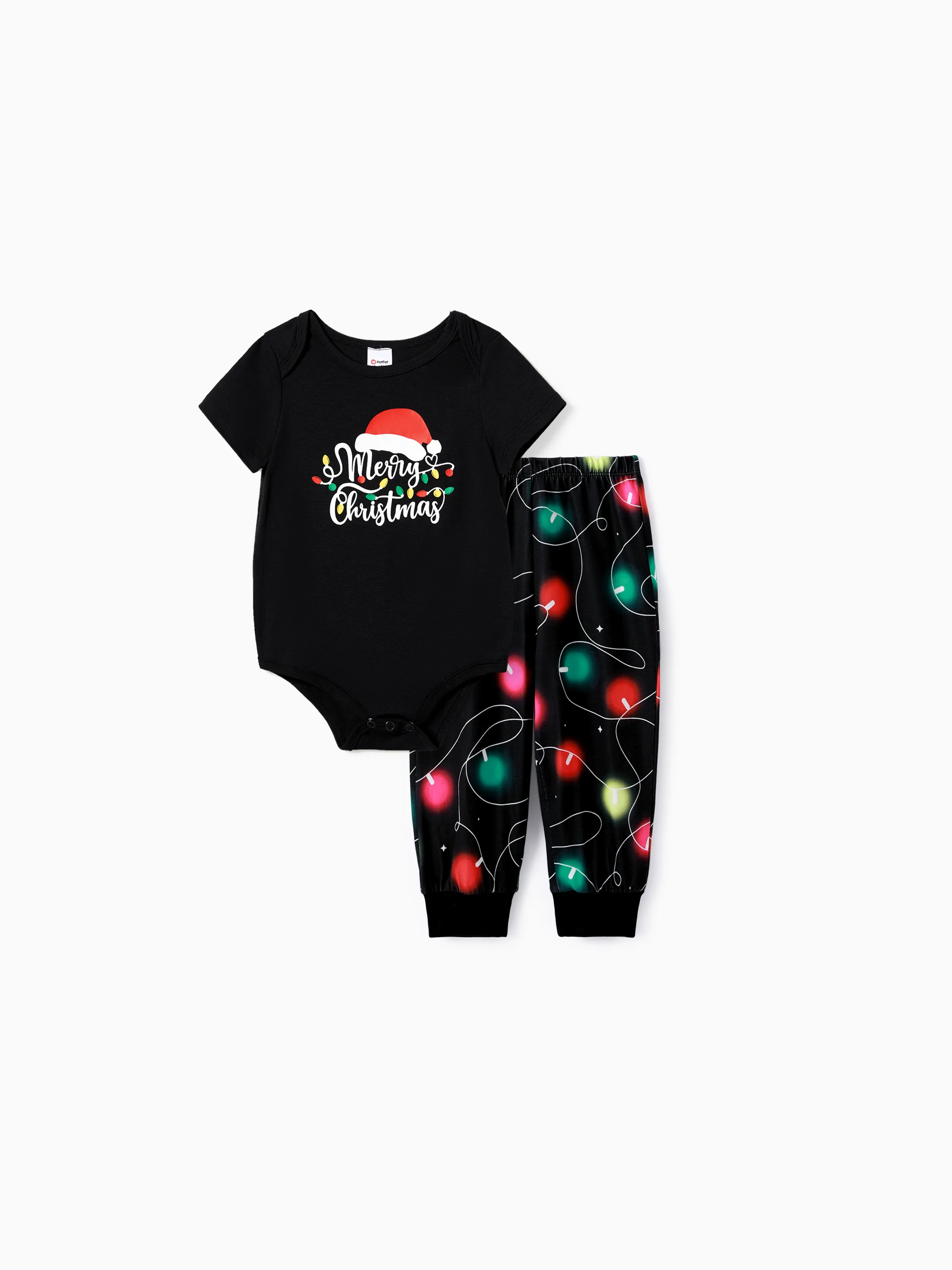 Christmas Family Matching Letters&Festive light bulb Print Short-sleeve Pajamas Sets Black - XNAUWBI
