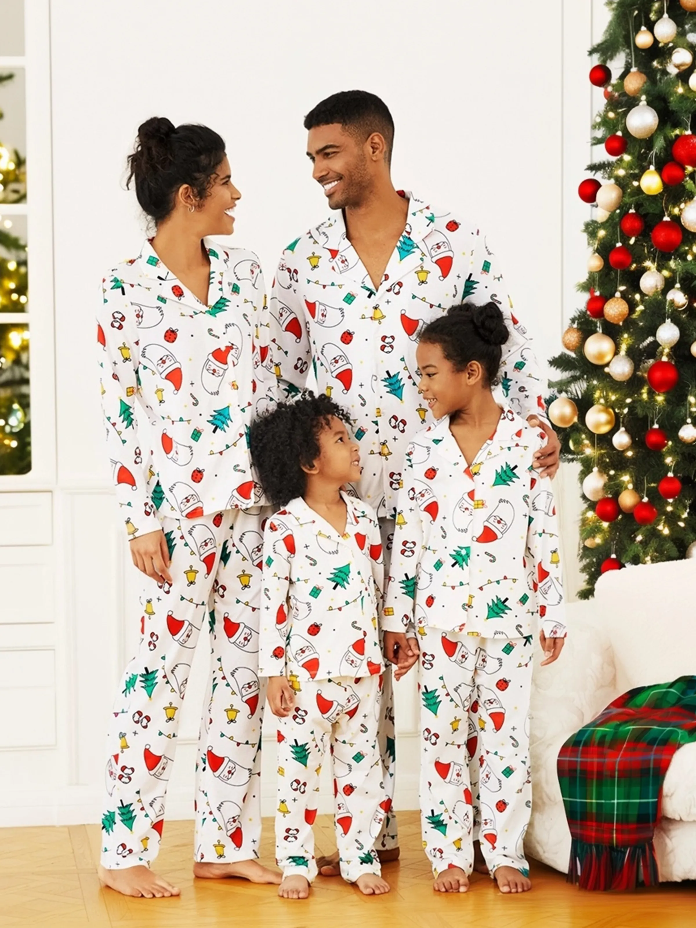 Christmas Family Matching Colorful Festival Theme Print Long Sleeve Pajamas Sets with Christmas Socks White - XNAUWBI