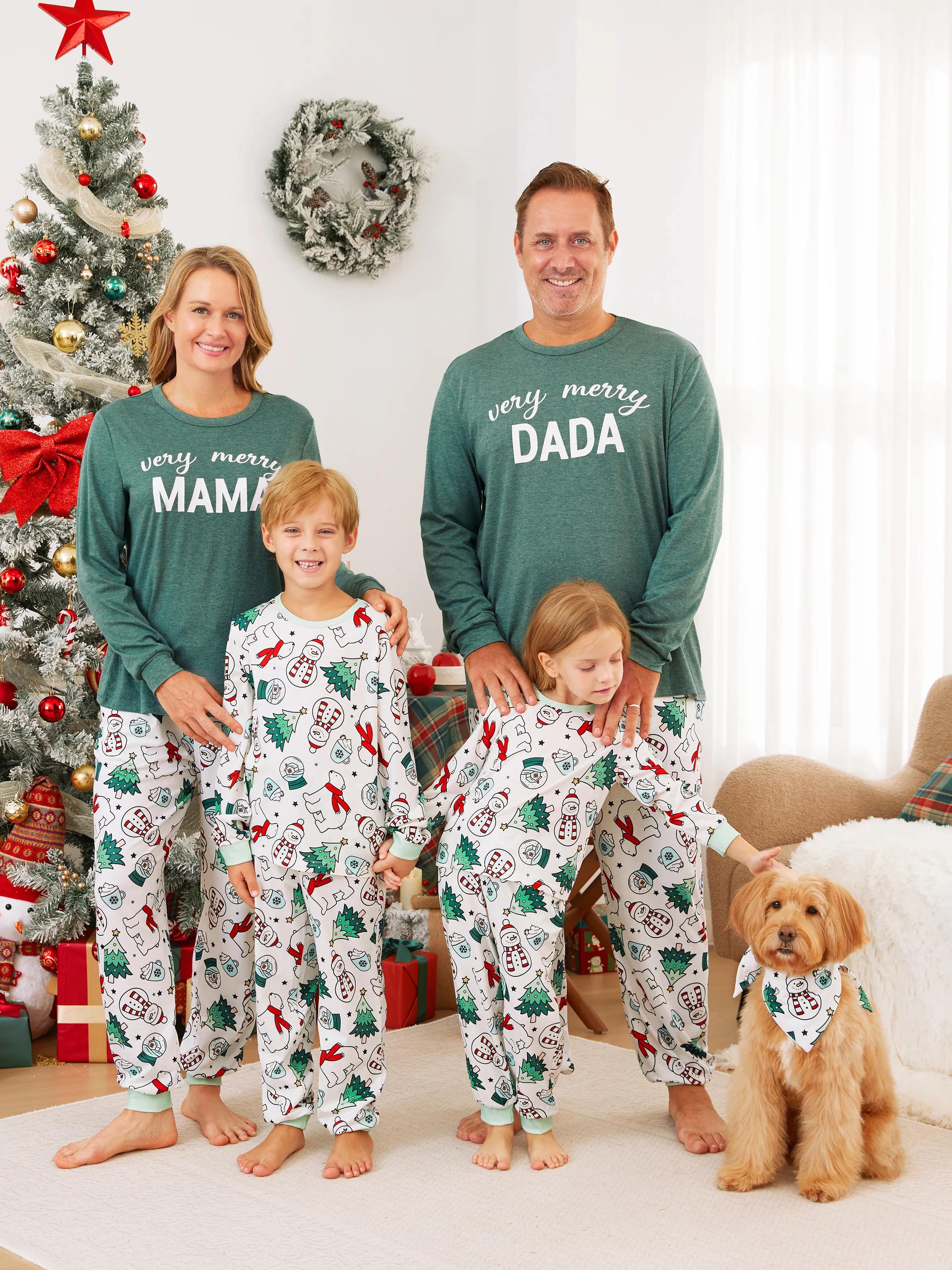 Christmas Family Matching Long Sleeves Very Merry Green Tops Allover Pattern Pants Pajamas Sets with Christmas Socks MediumSpringGreen - XNAUWBI