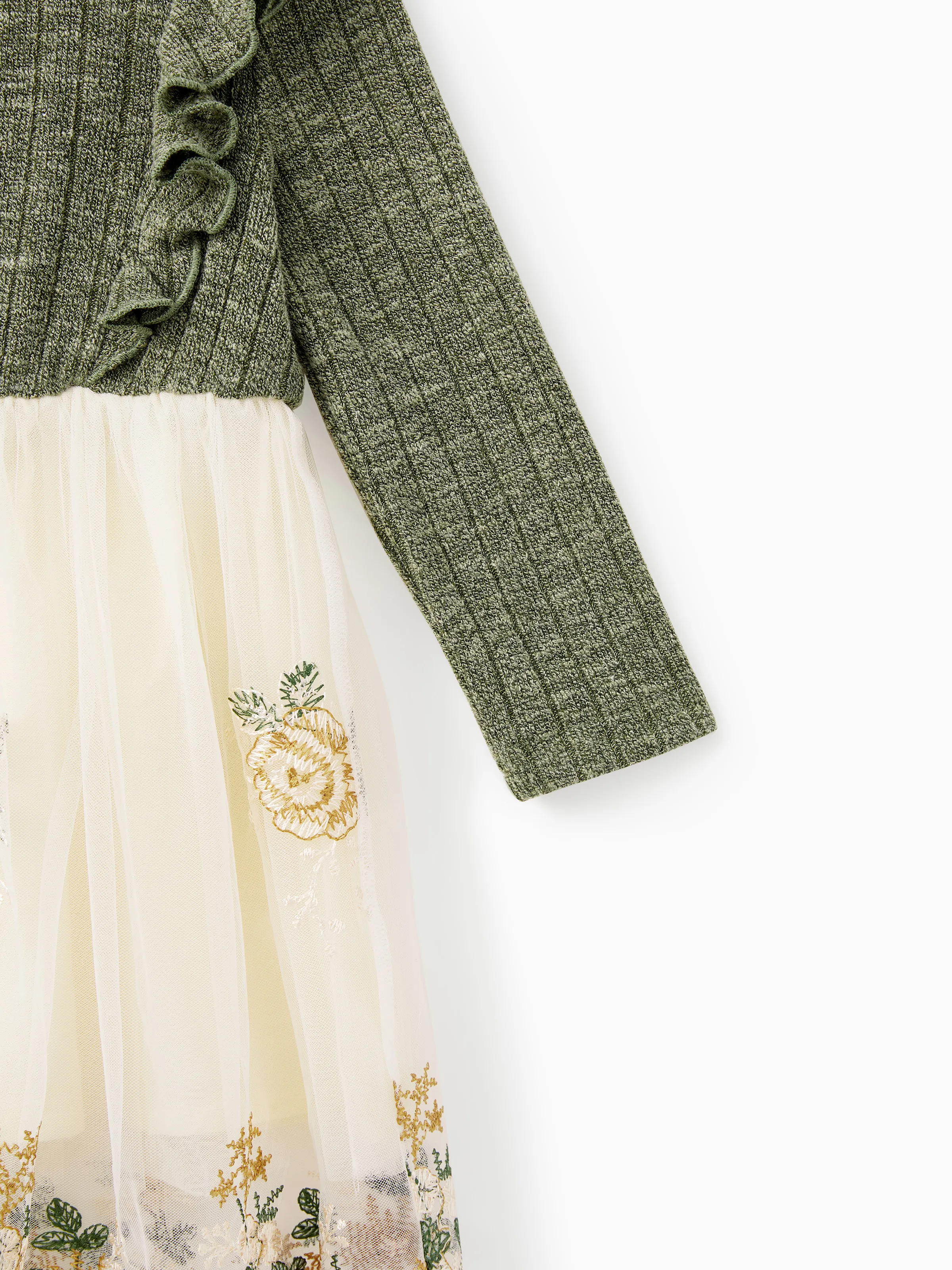 Family Matching Sets Green Long Sleeves Shirt or Ribbed Off-Shoulder Embroidered Tulle Dress Green - XNAUWBI