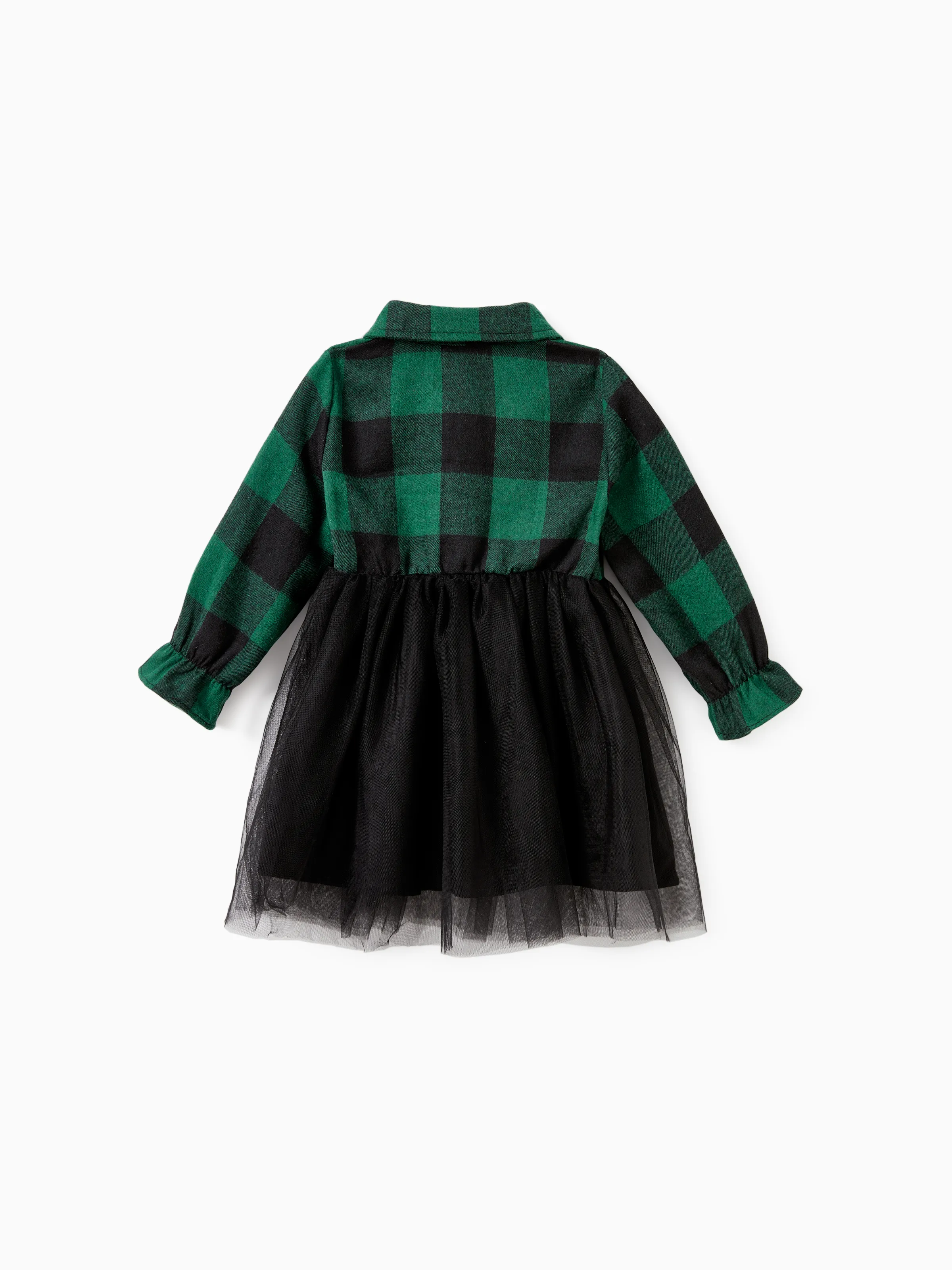 Family Matching Sets Green Plaid Long Sleeves Shirt or Tulle Mesh Dress DarkGreen - XNAUWBI