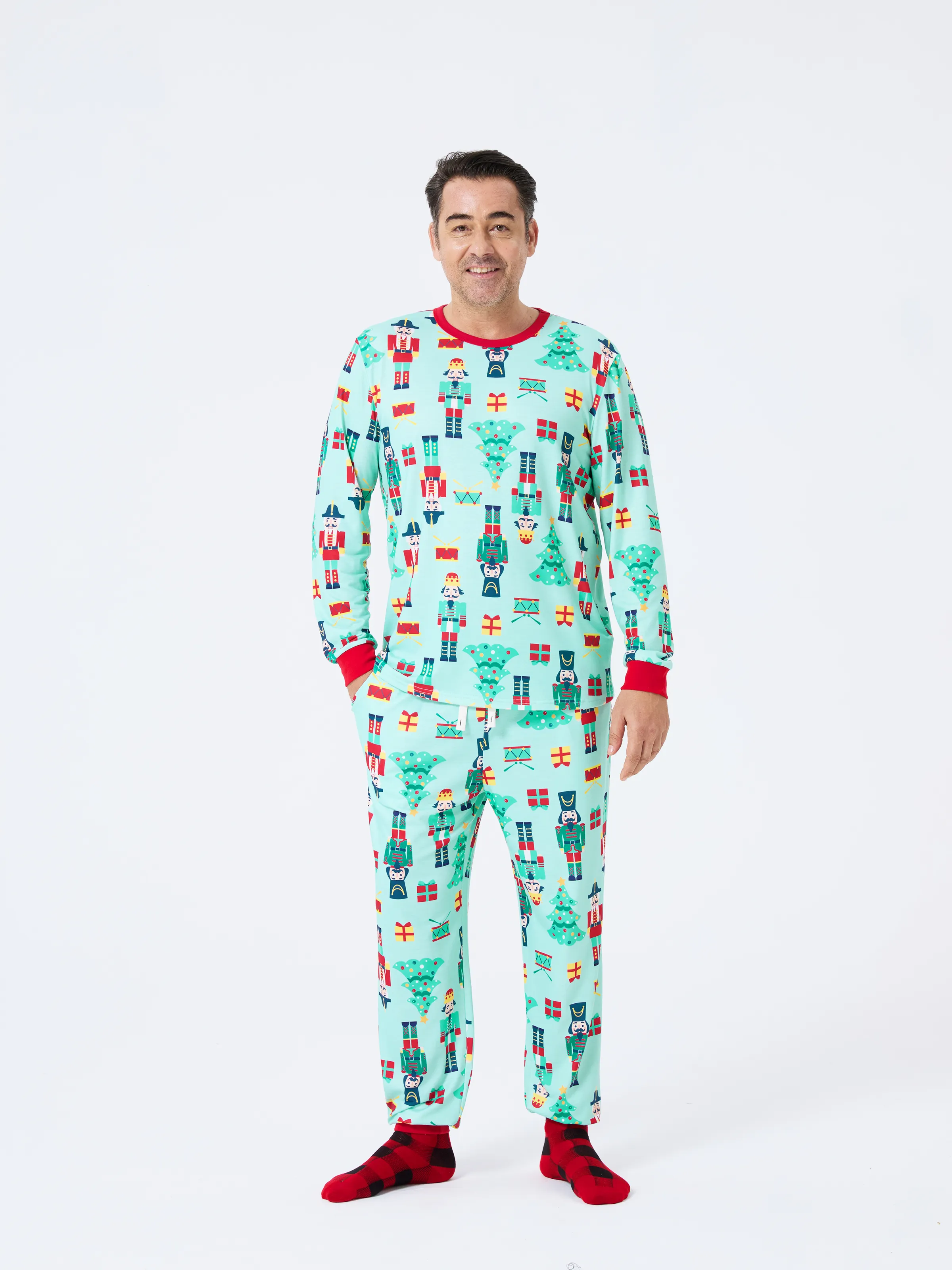Christmas Matching Family Pajamas Set Soldier and Christmas Tree Print PJS with Christmas Socks Pale Green - XNAUWBI
