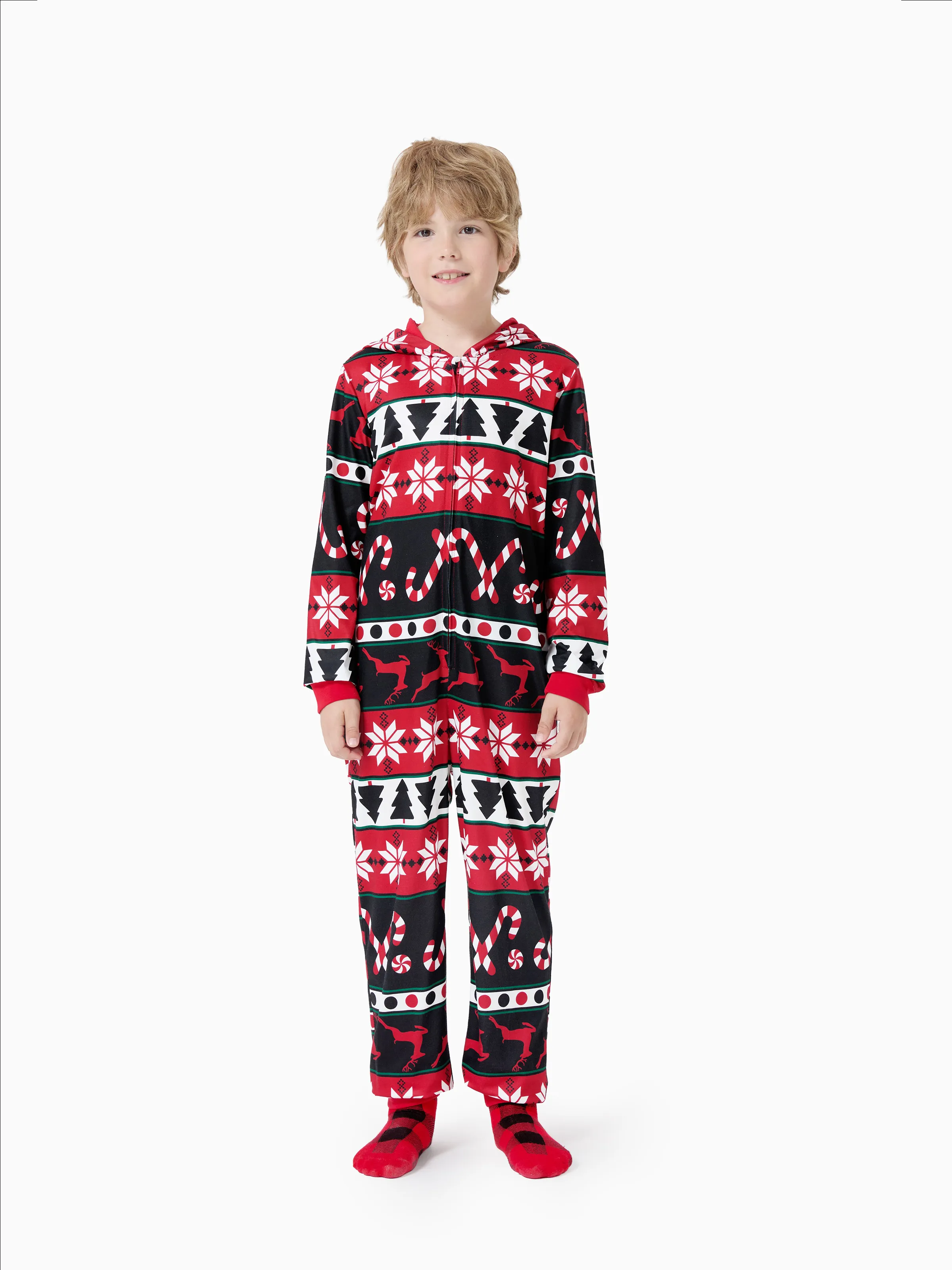 Christmas Pajamas 3D Reindeer Pattern Zipper Hooded Onesies Matching Family Outfits red/black - XNAUWBI