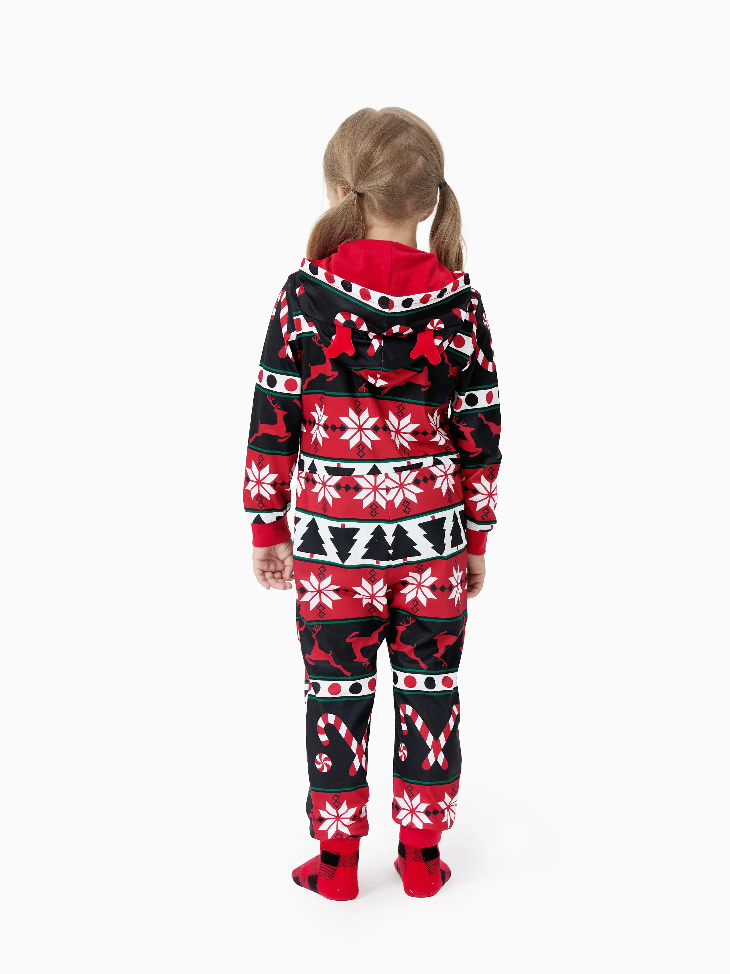 Christmas Pajamas 3D Reindeer Pattern Zipper Hooded Onesies Matching Family Outfits red/black - XNAUWBI