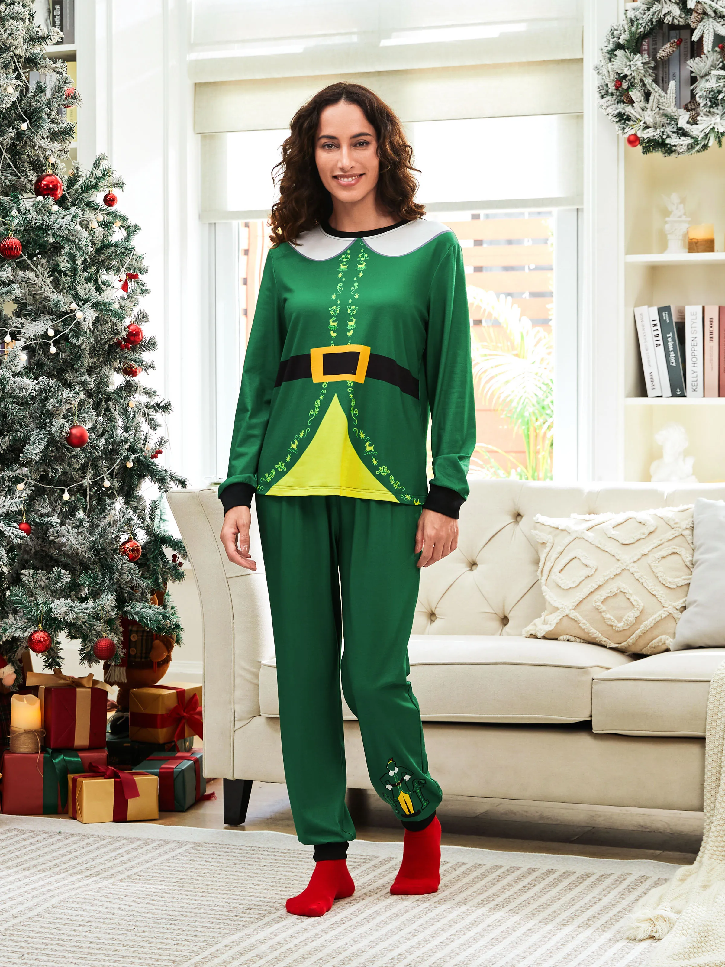 ELF Christmas Family Matching Belt and Collar Pajamas Sets with Christmas Socks - XNAUWBI