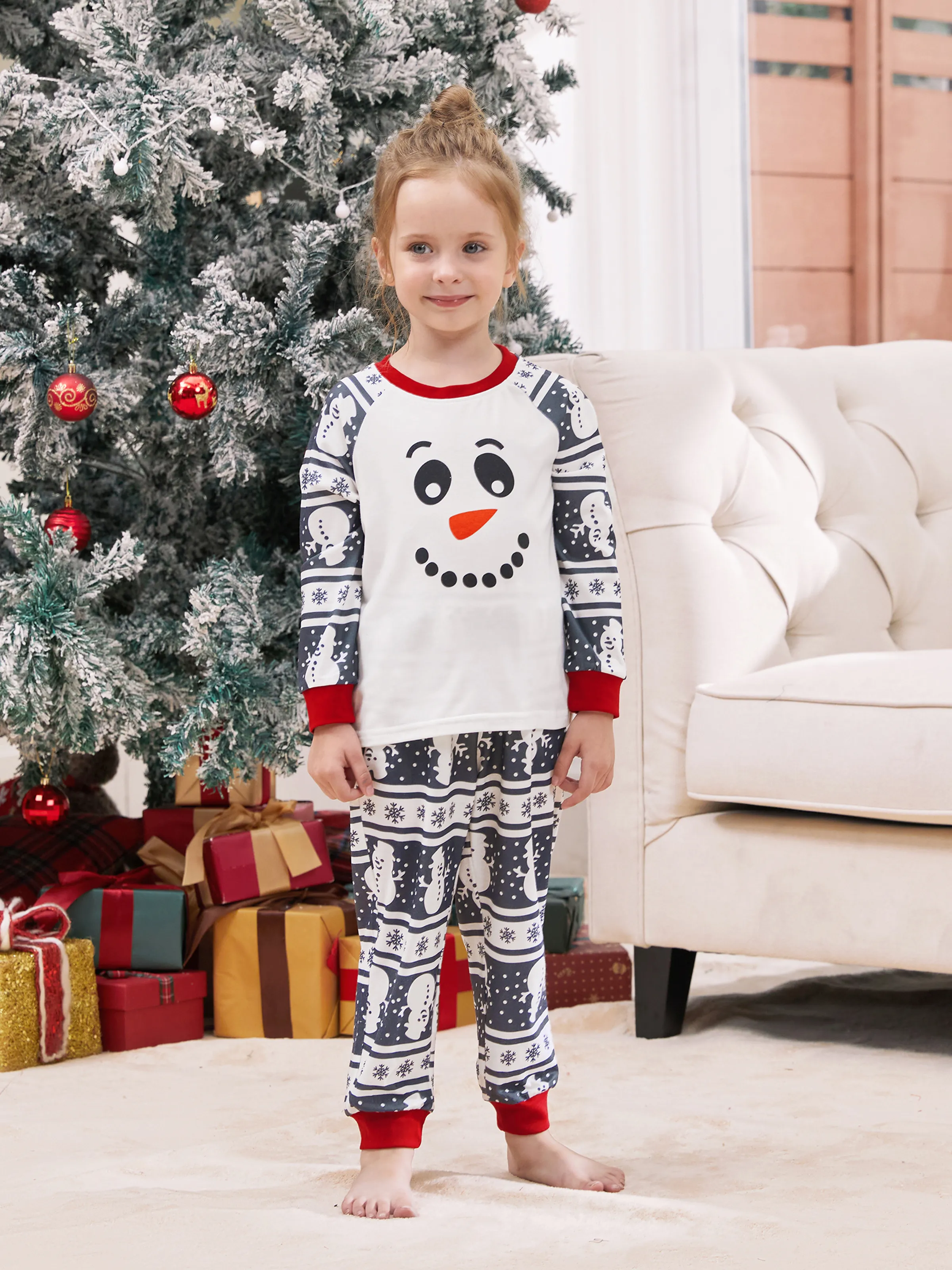 Matching Christmas Pajamas Family Snowman Pattern Long Sleeves PJs Sets Christmas Socks Dark Grey - XNAUWBI