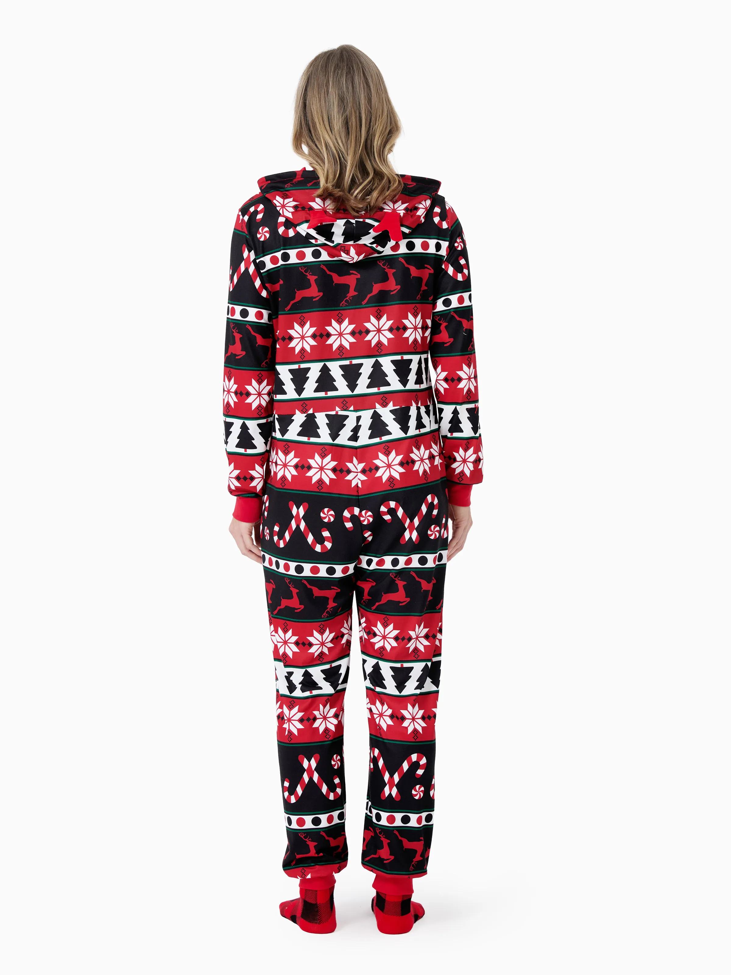 Christmas Pajamas 3D Reindeer Pattern Zipper Hooded Onesies Matching Family Outfits red/black - XNAUWBI