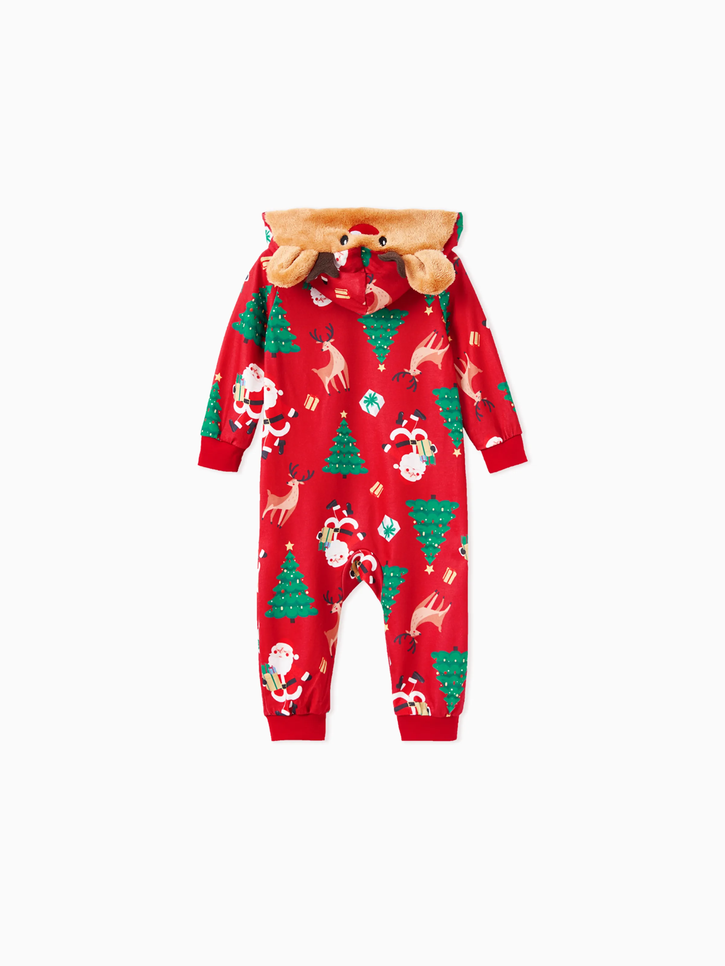Christmas Family Pajamas Sets 3D Reindeer Hooded Allover Print Onesies with Christmas Socks Red-2 - XNAUWBI