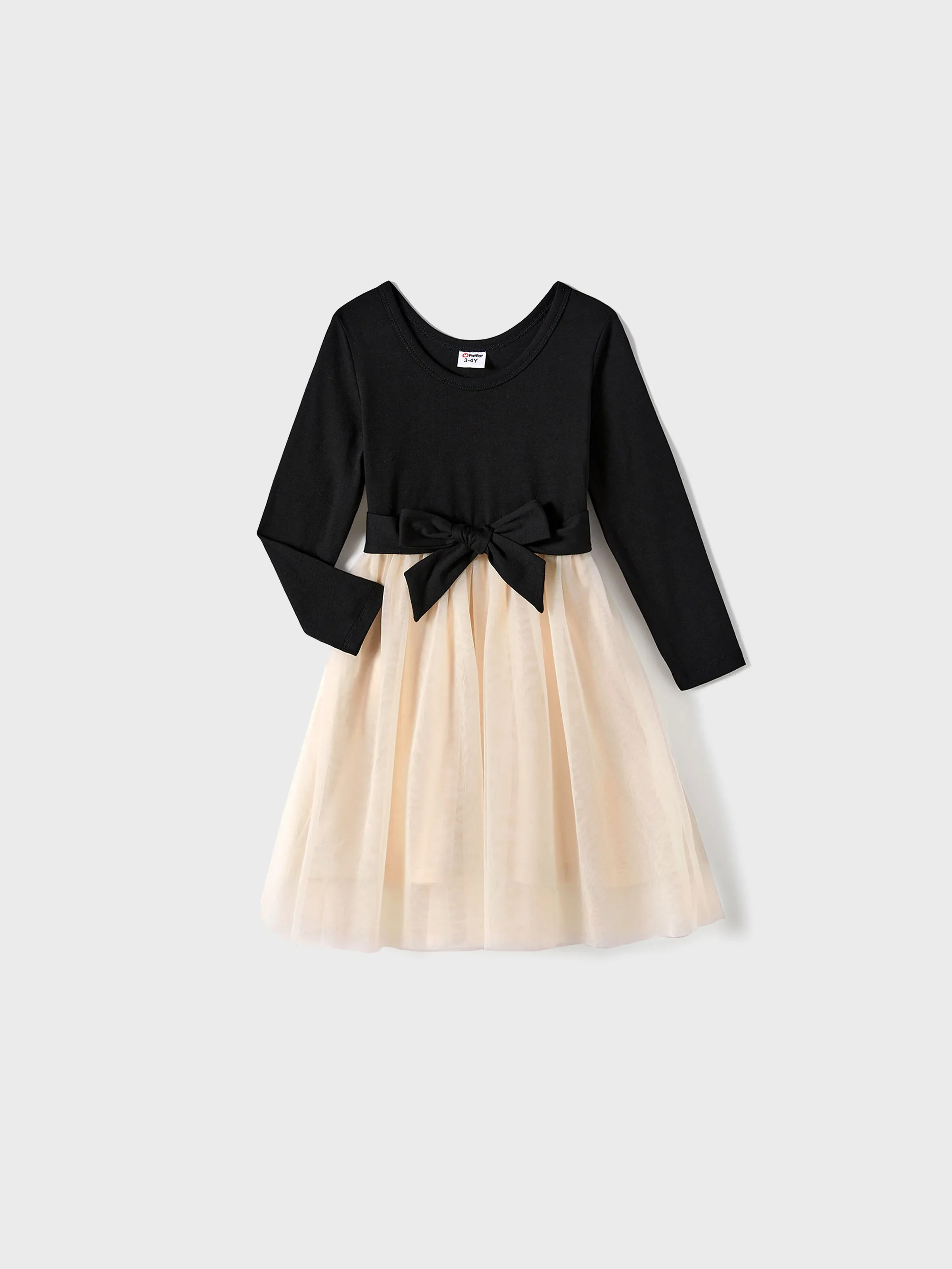 Family Matching Black-Almond Mesh Skirt and Classic Round Neck Long Sleeve Tops Sets Black - XNAUWBI