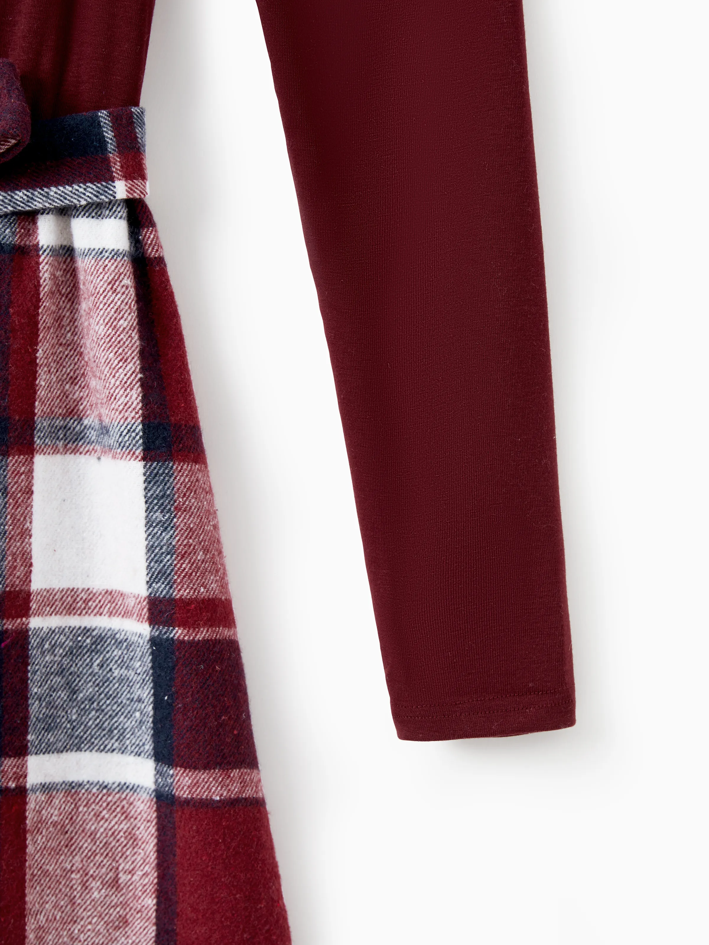 Family Matching Casual Long Sleeve Plaid Design Shirts and Knit Splicing Belted Dresses Sets WineRed - XNAUWBI