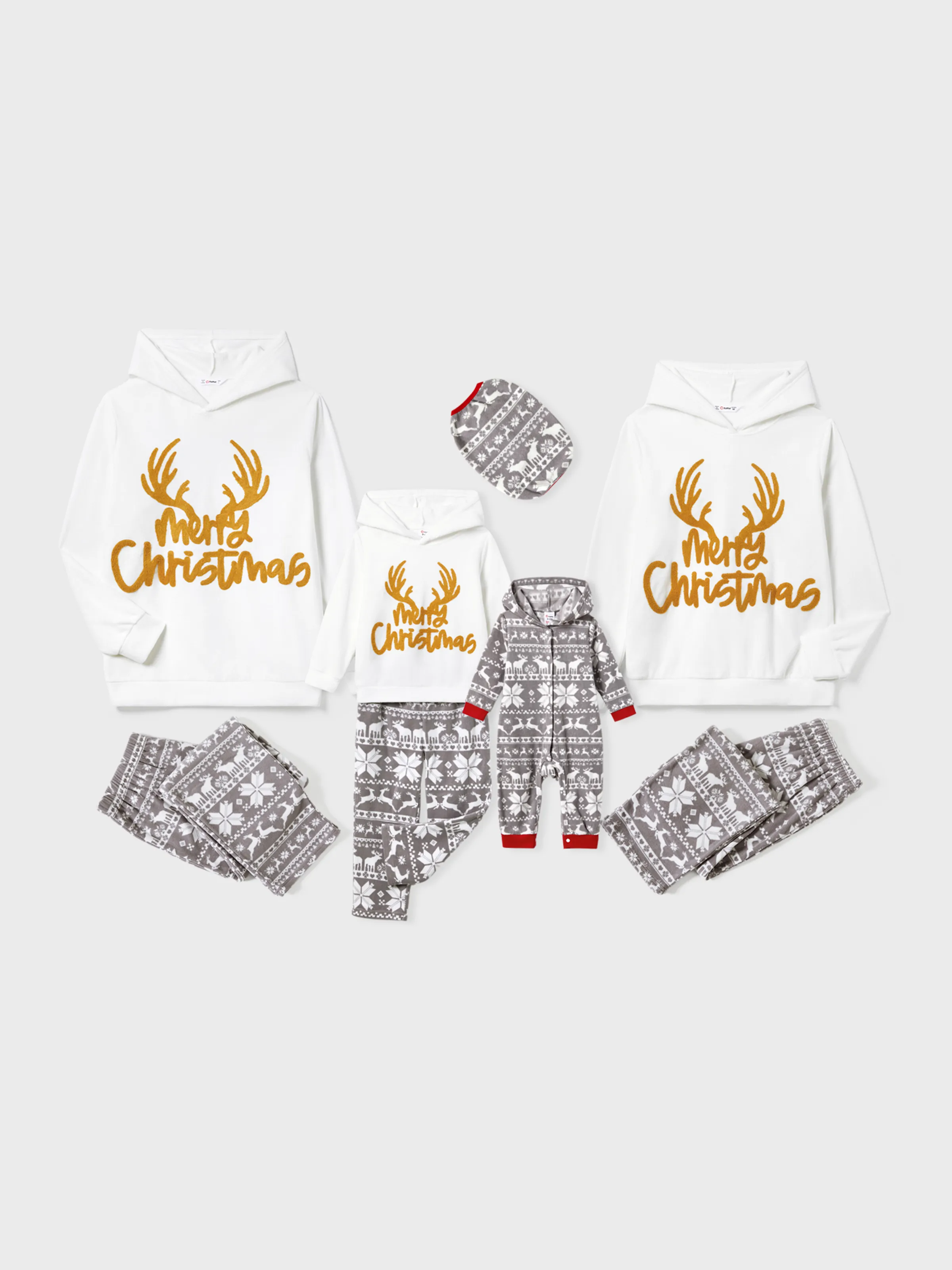 Christmas Family Matching Letters Embroidered Long-sleeve Hooded Fleece Pajamas Sets with Christmas Socks White - XNAUWBI