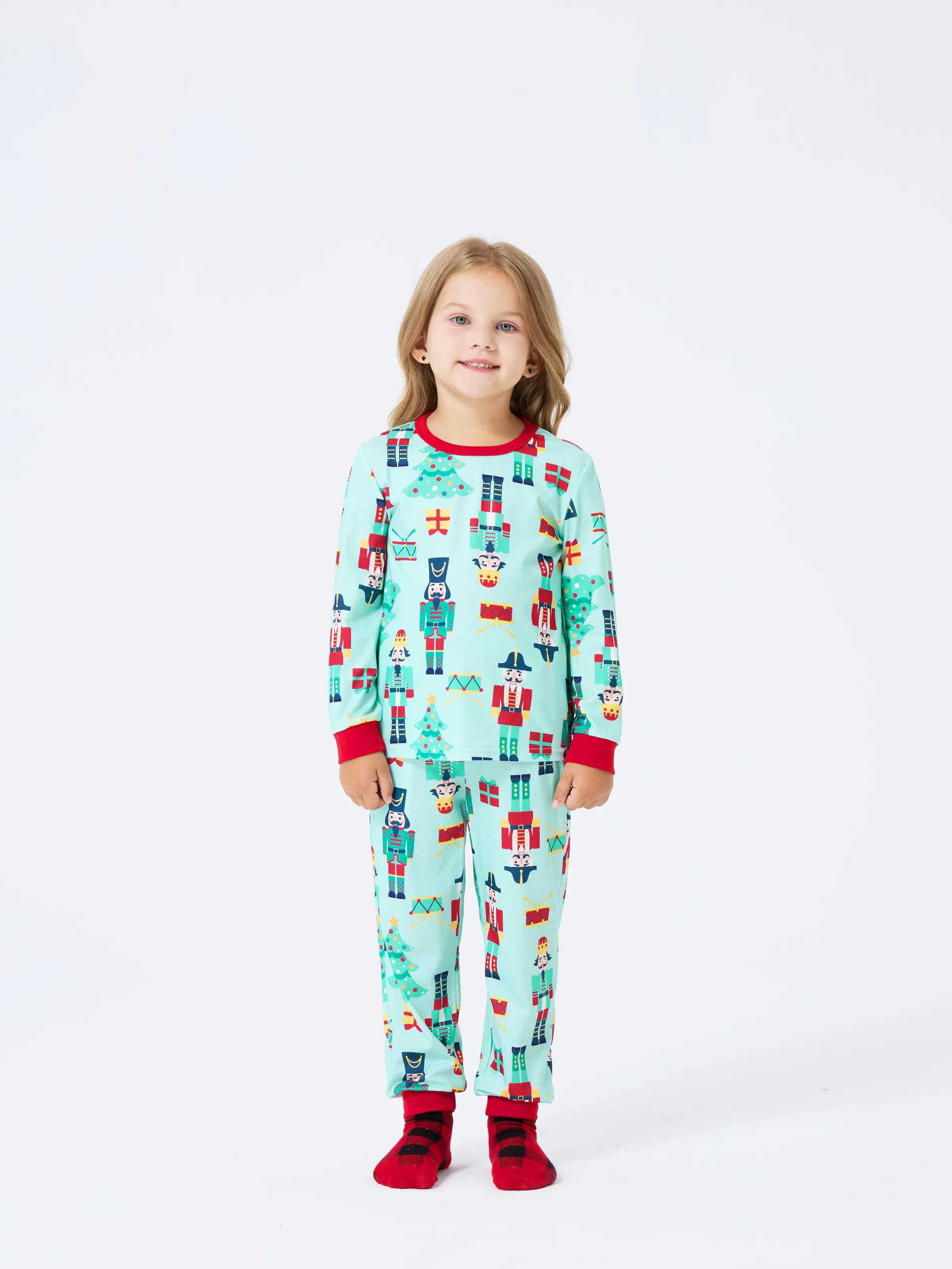 Christmas Matching Family Pajamas Set Soldier and Christmas Tree Print PJS with Christmas Socks Pale Green - XNAUWBI