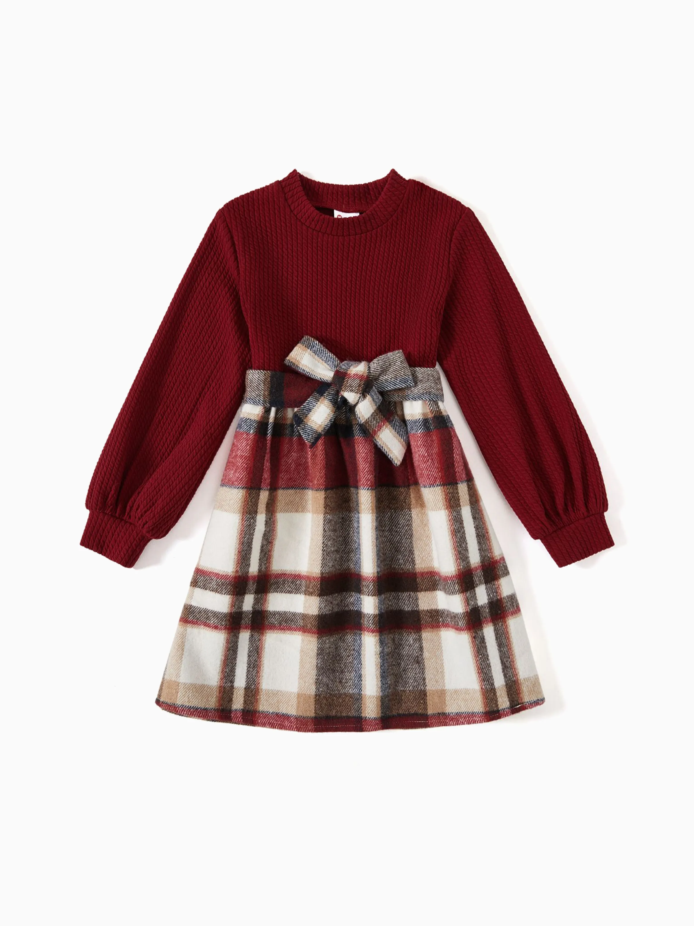 Family Matching Solid Ribbed Spliced Plaid Belted Dresses and Long-sleeve Button Up Shirts Sets MAROON - XNAUWBI
