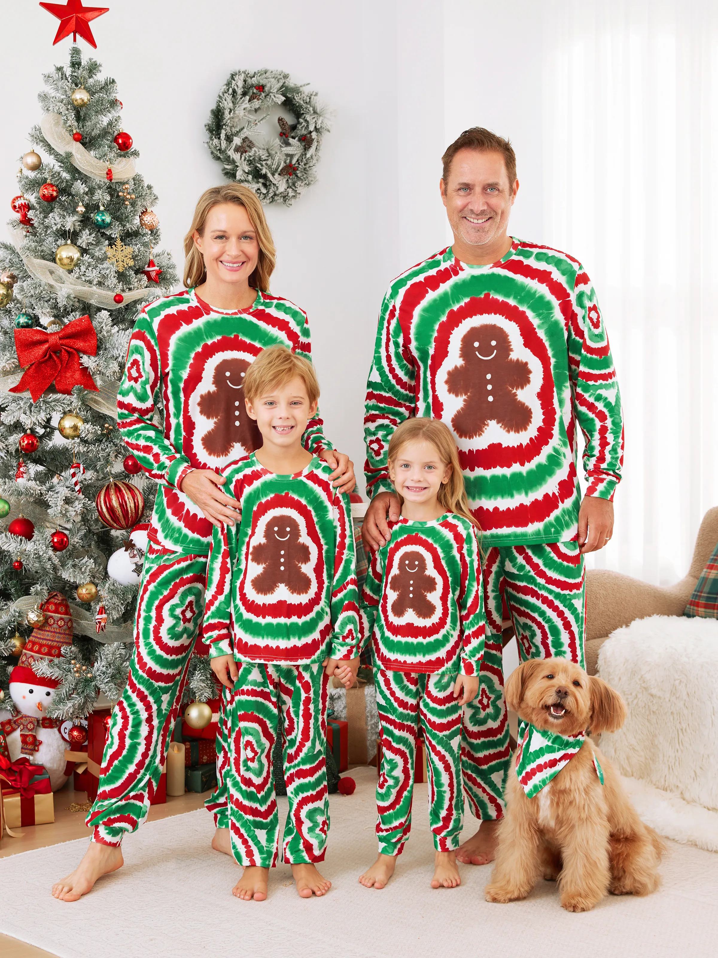Christmas Family Red&Green Tie-Dye Gingerbread Man Pajamas Sets with Christmas Socks MultiColour - XNAUWBI