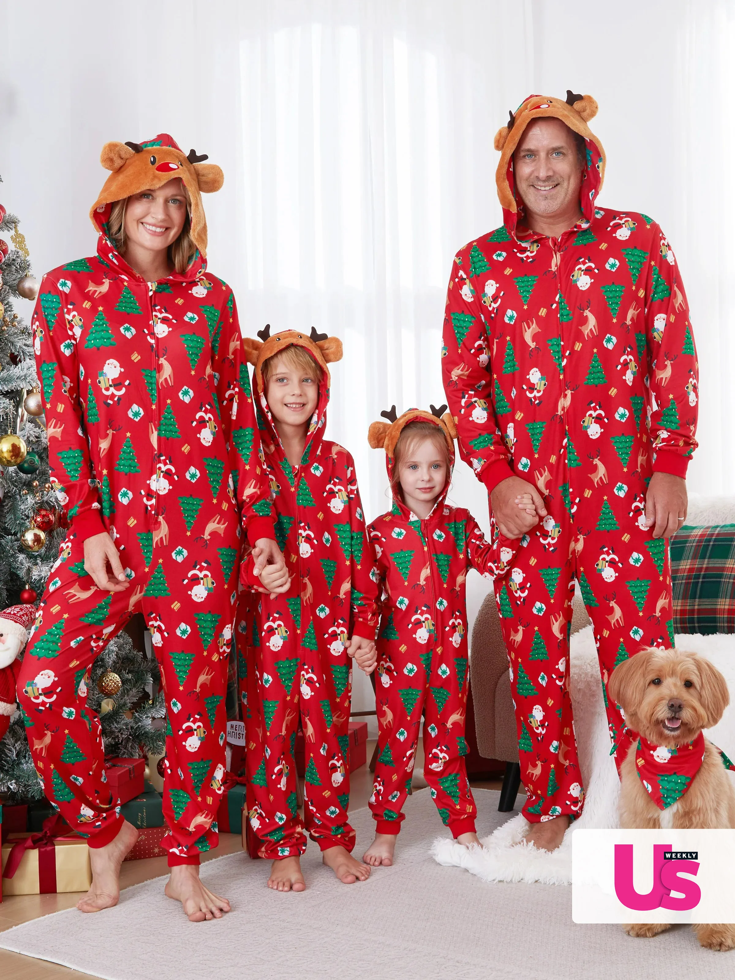 Christmas Family Pajamas Sets 3D Reindeer Hooded Allover Print Onesies with Christmas Socks Red-2 - XNAUWBI