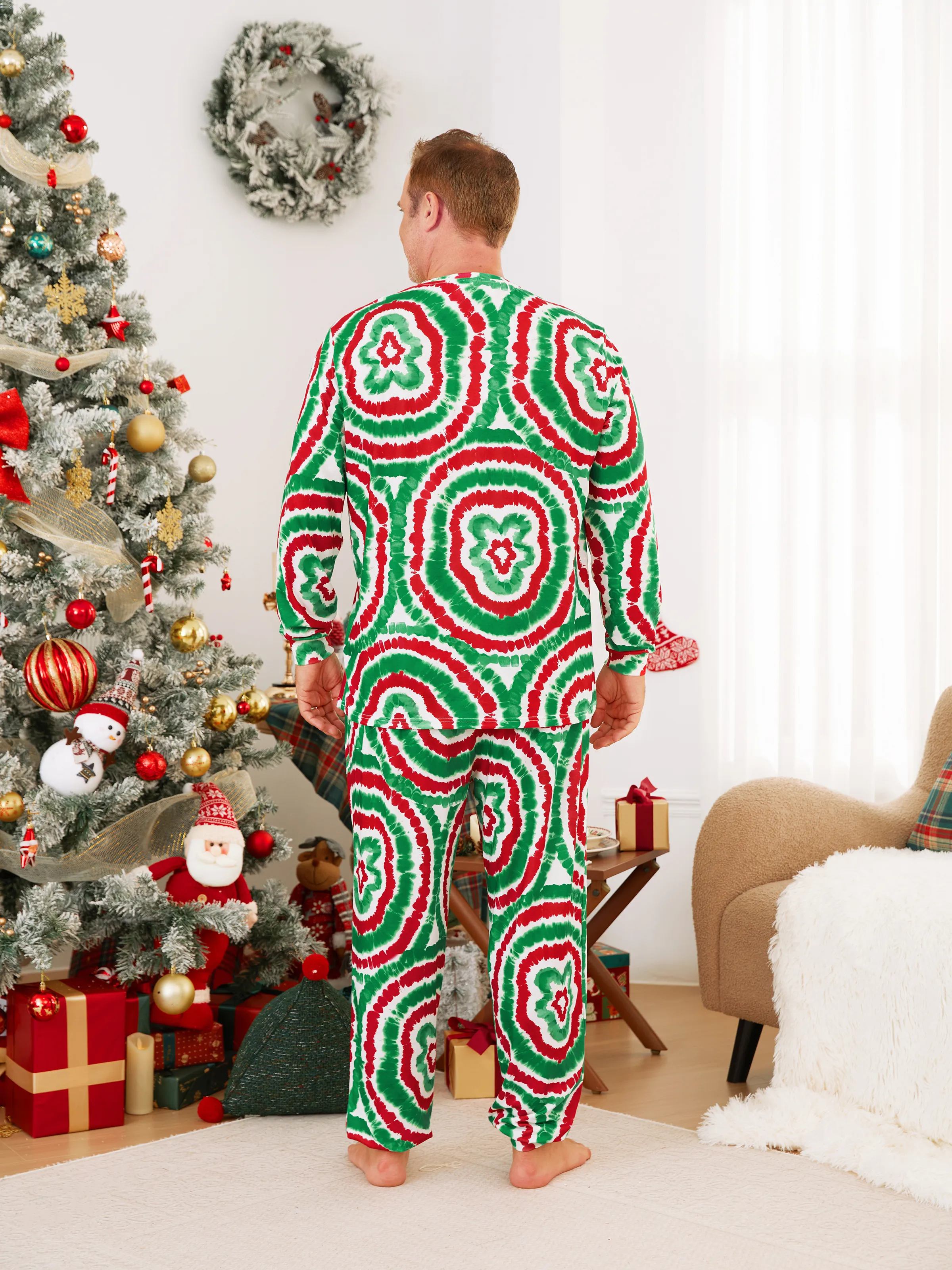 Christmas Family Red&Green Tie-Dye Gingerbread Man Pajamas Sets with Christmas Socks MultiColour - XNAUWBI