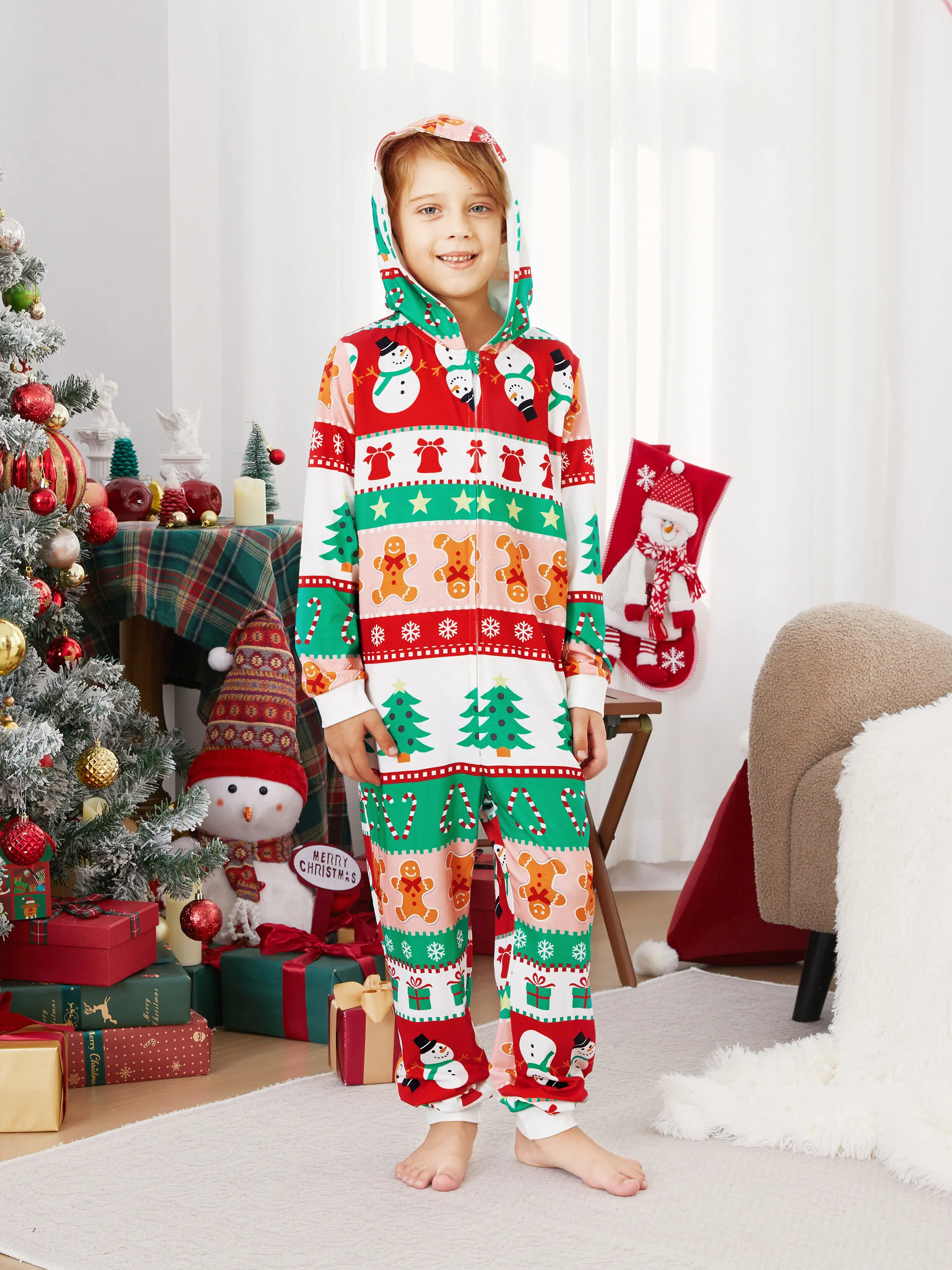 Onesies Pajamas Matching Christmas Outfits Allover Pattern Zipper Front Holly Jolly Print with Christmas Socks Back MultiColour - XNAUWBI