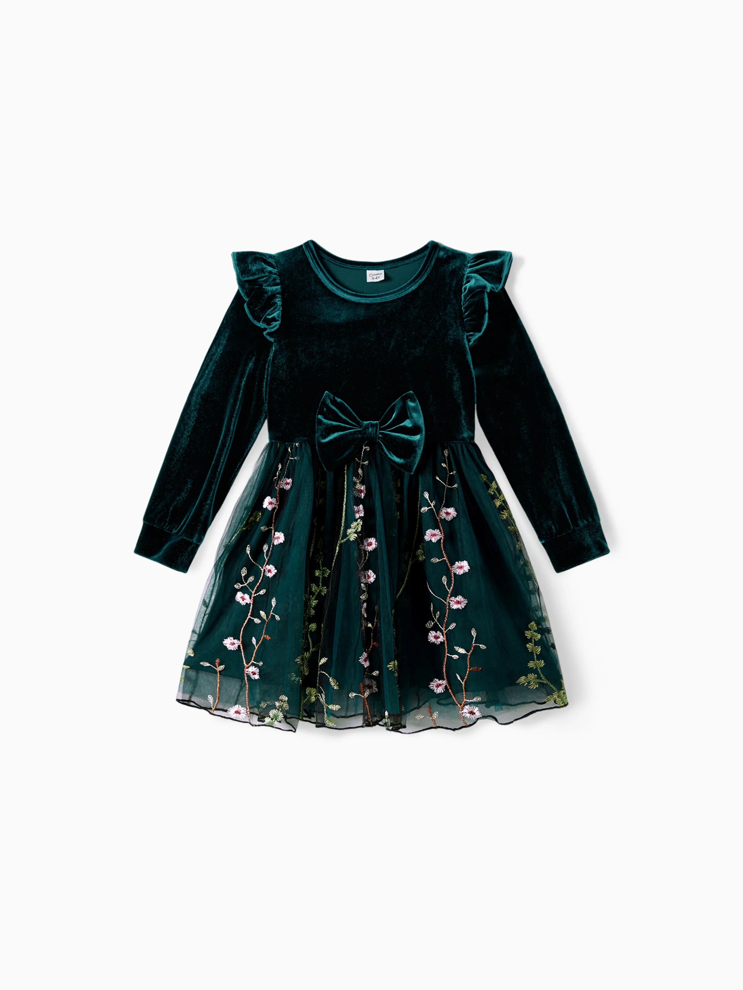 Mommy and Me Casual Dresses - Big Flower Print, Medium Thickness, Short Sleeve, Opaque, Regular Fit Dark Green - XNAUWBI