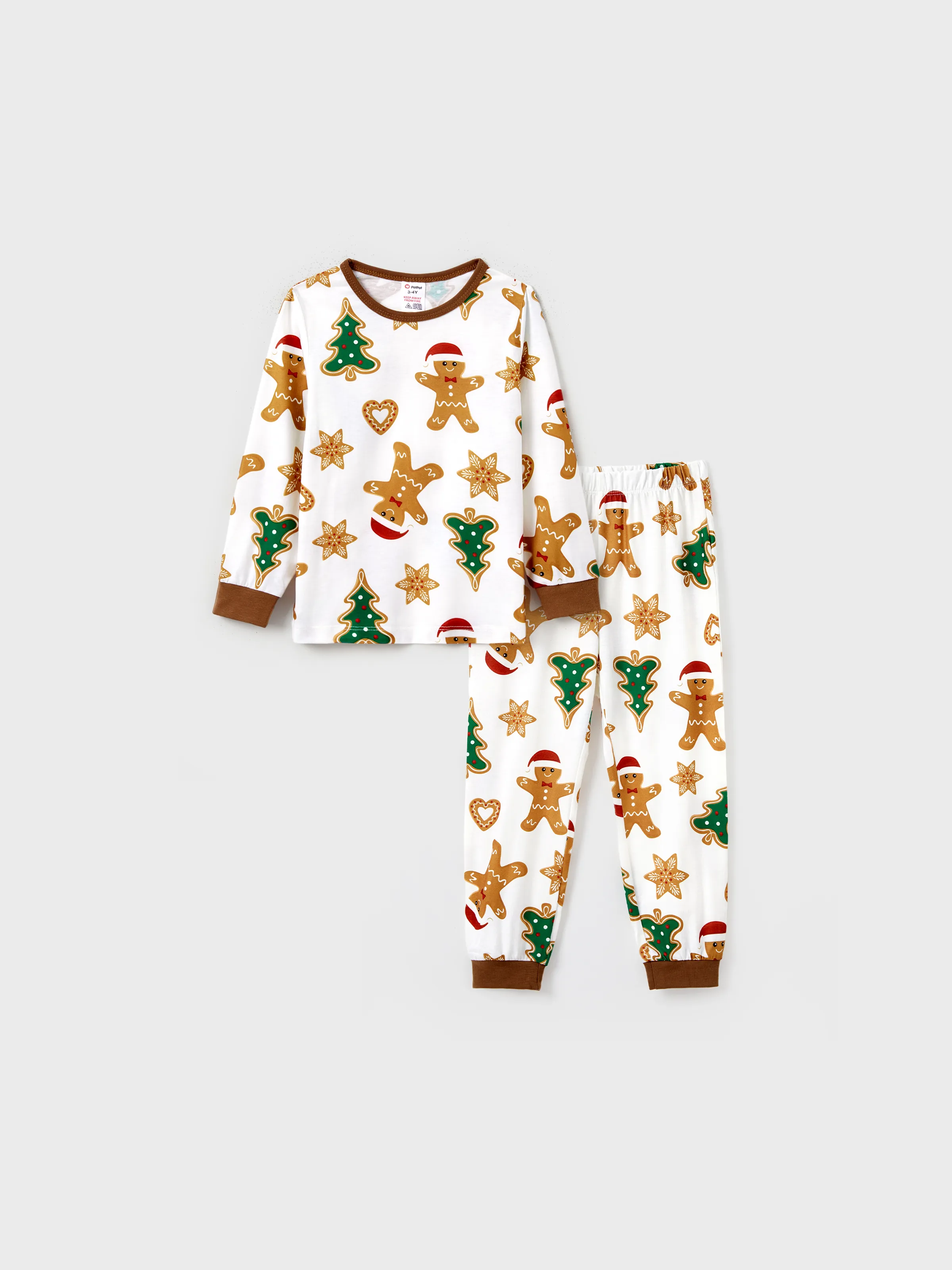 Christmas Family Matching Cartoon Gingerbread Man and Tree All-over Print Long-sleeve Pajamas Sets with Christmas Socks Coffee - XNAUWBI