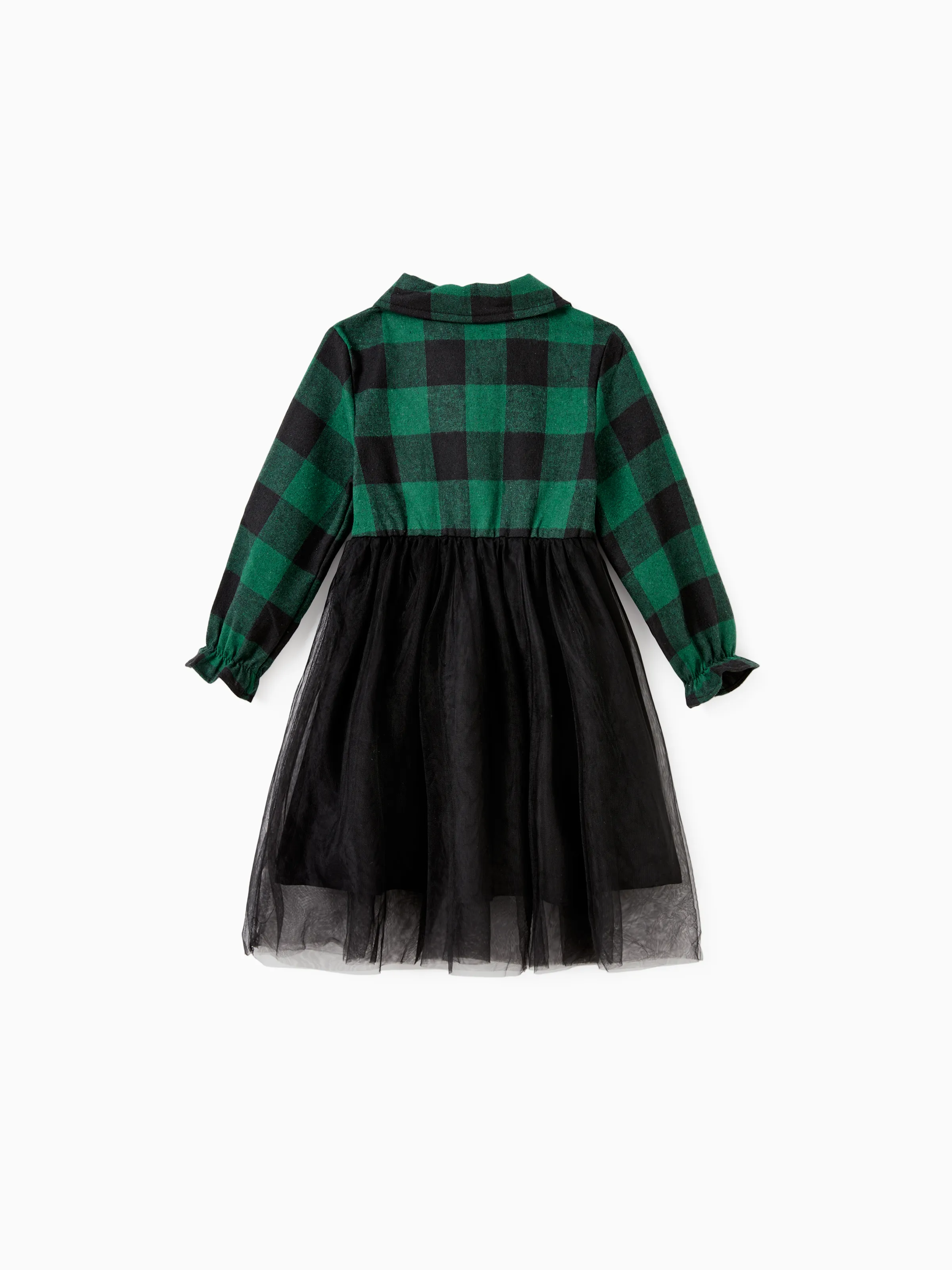 Family Matching Sets Green Plaid Long Sleeves Shirt or Tulle Mesh Dress DarkGreen - XNAUWBI