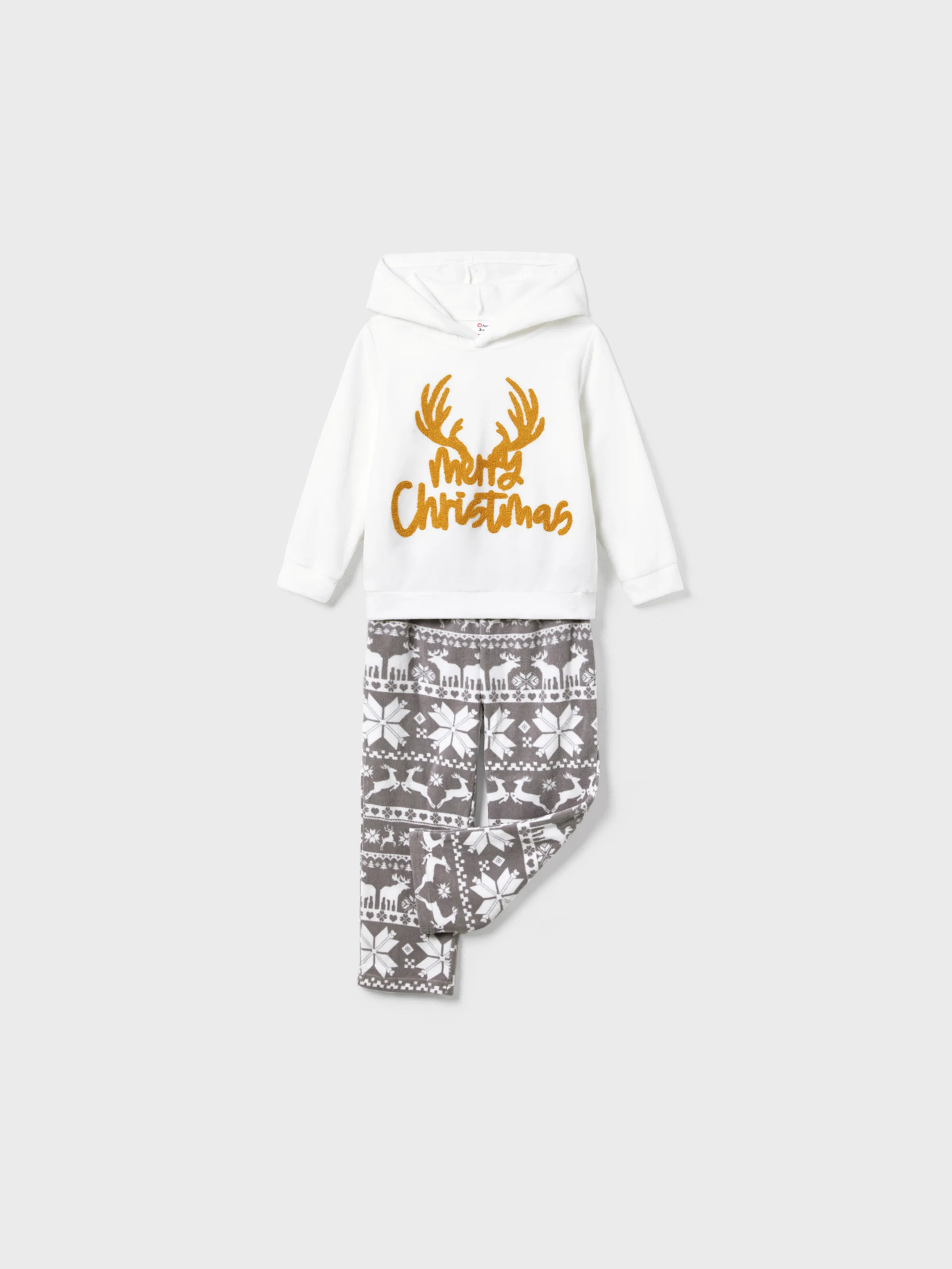 Christmas Family Matching Letters Embroidered Long-sleeve Hooded Fleece Pajamas Sets with Christmas Socks White - XNAUWBI