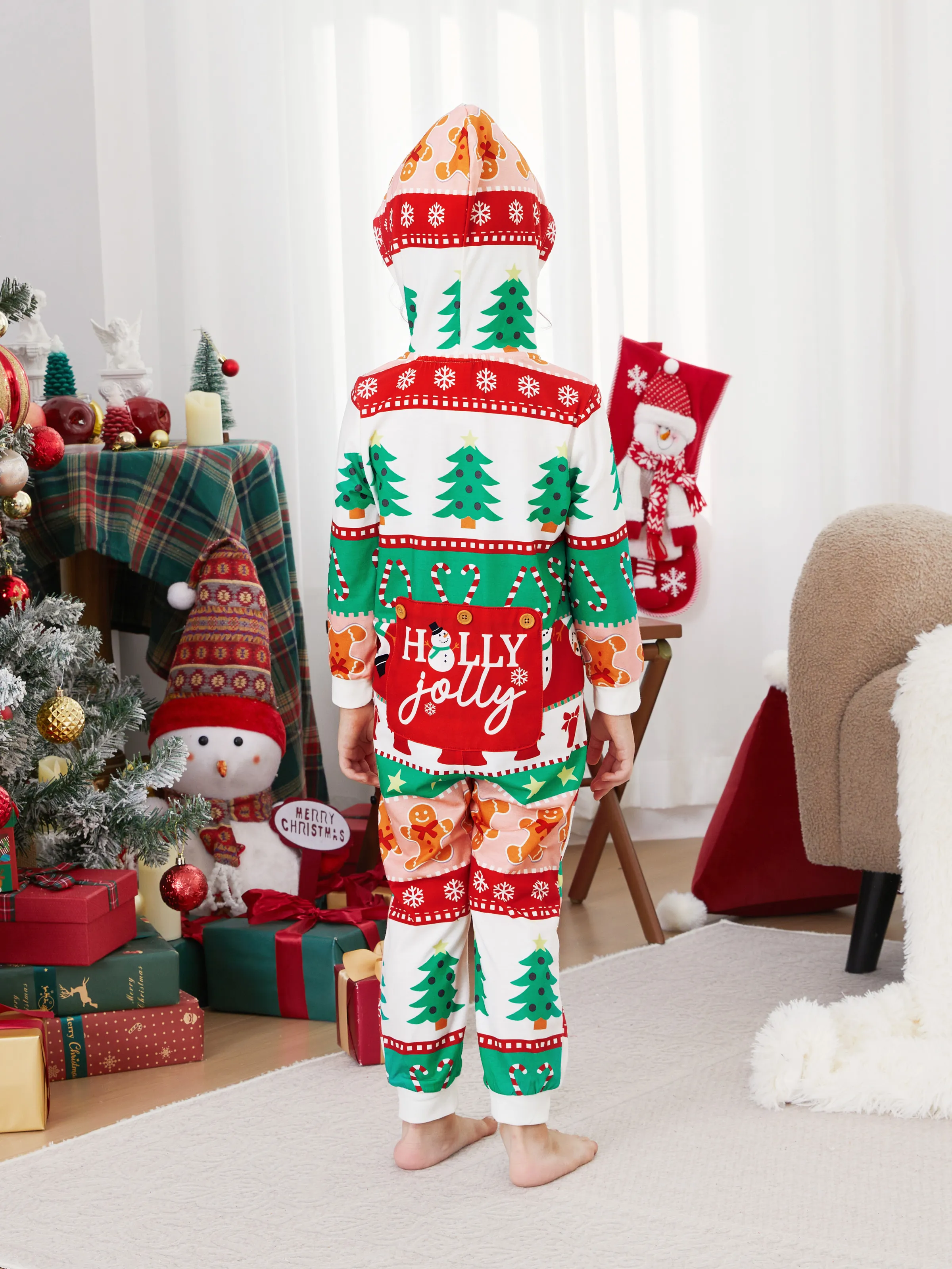Onesies Pajamas Matching Christmas Outfits Allover Pattern Zipper Front Holly Jolly Print with Christmas Socks Back MultiColour - XNAUWBI