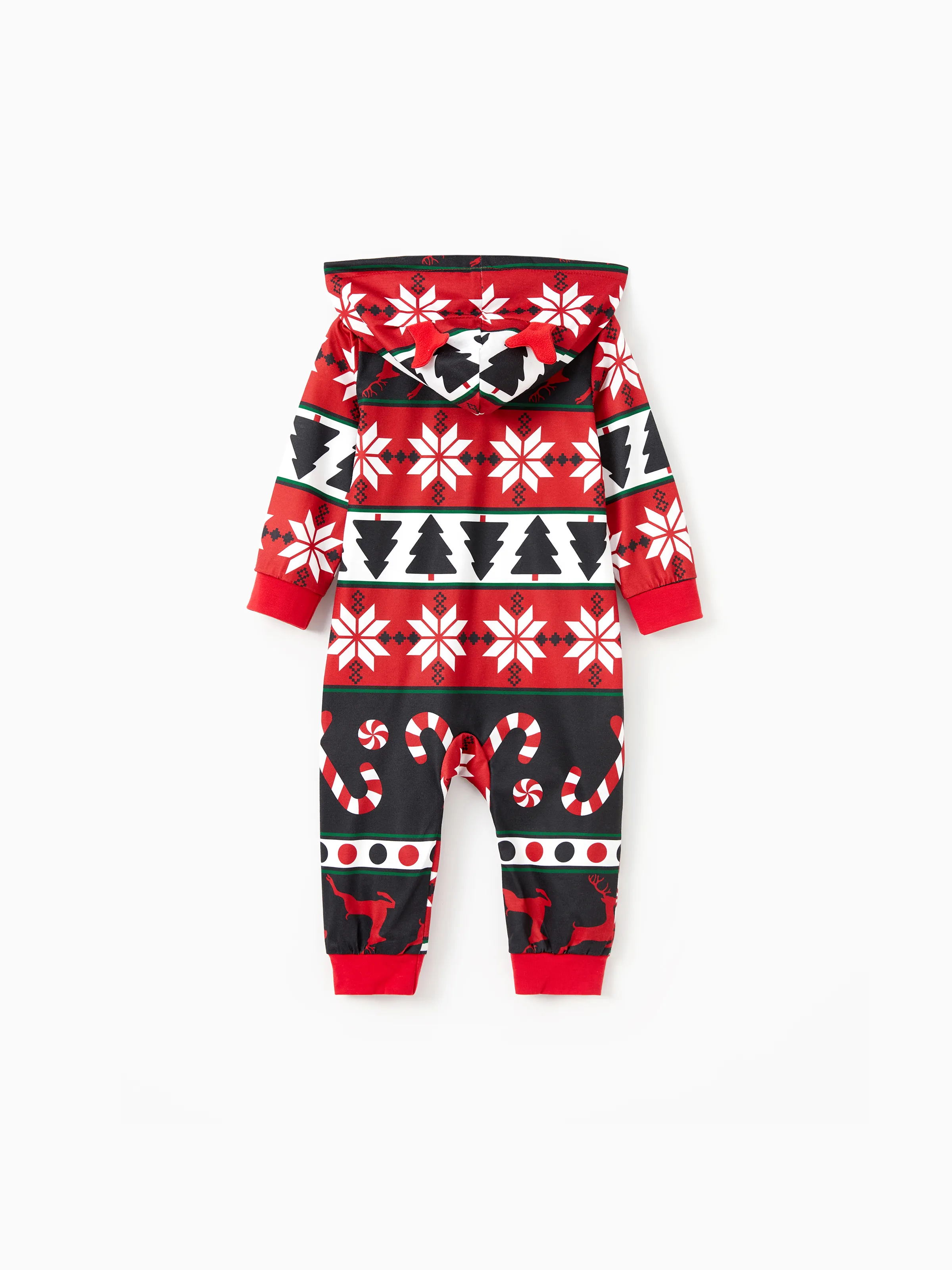 Christmas Pajamas 3D Reindeer Pattern Zipper Hooded Onesies Matching Family Outfits red/black - XNAUWBI