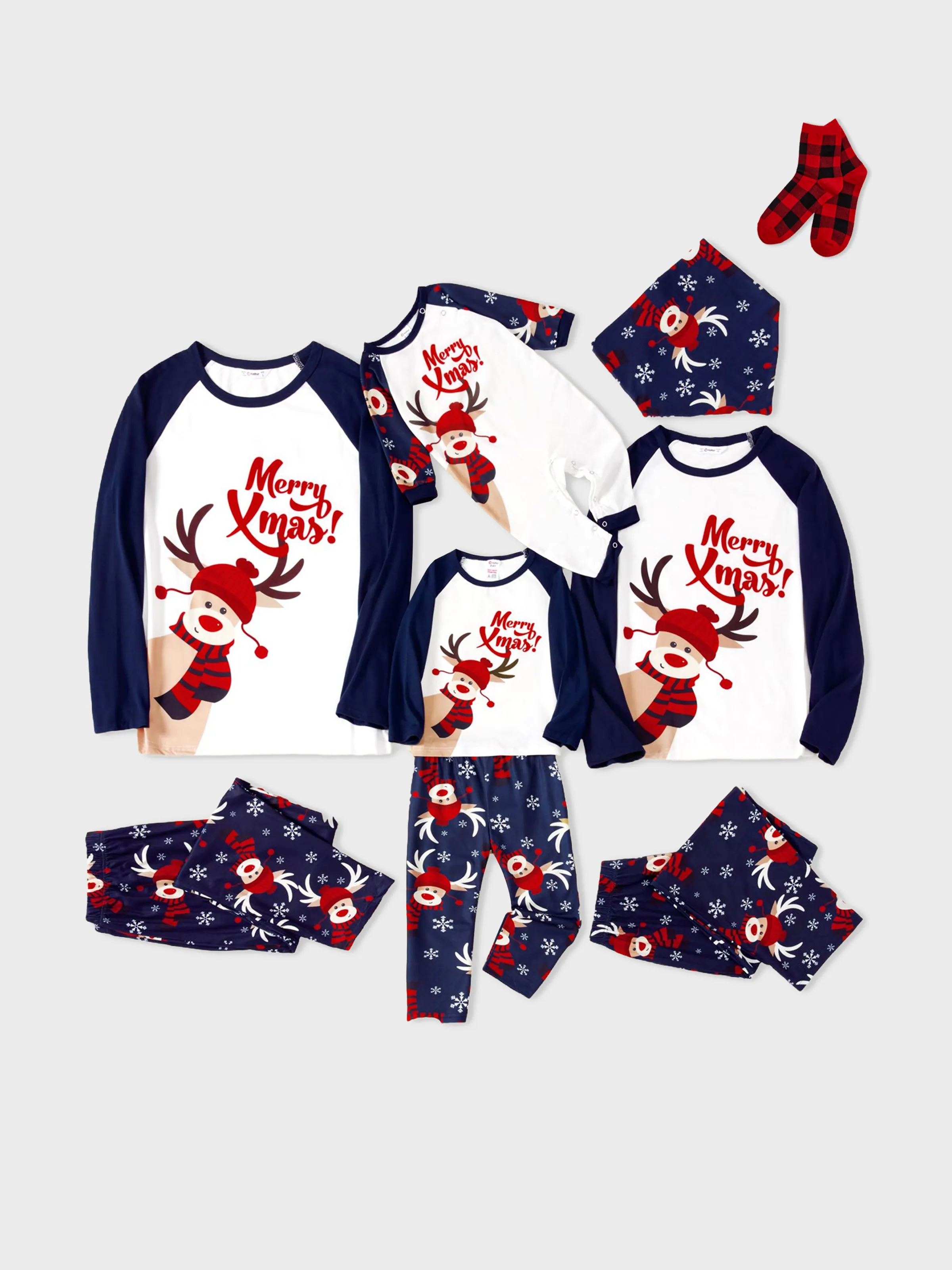Christmas Family Pajamas Reindeer Pattern Big Graphic Raglan Sleeves Pajamas Sets with Christmas Socks Dark blue/White/Red - XNAUWBI