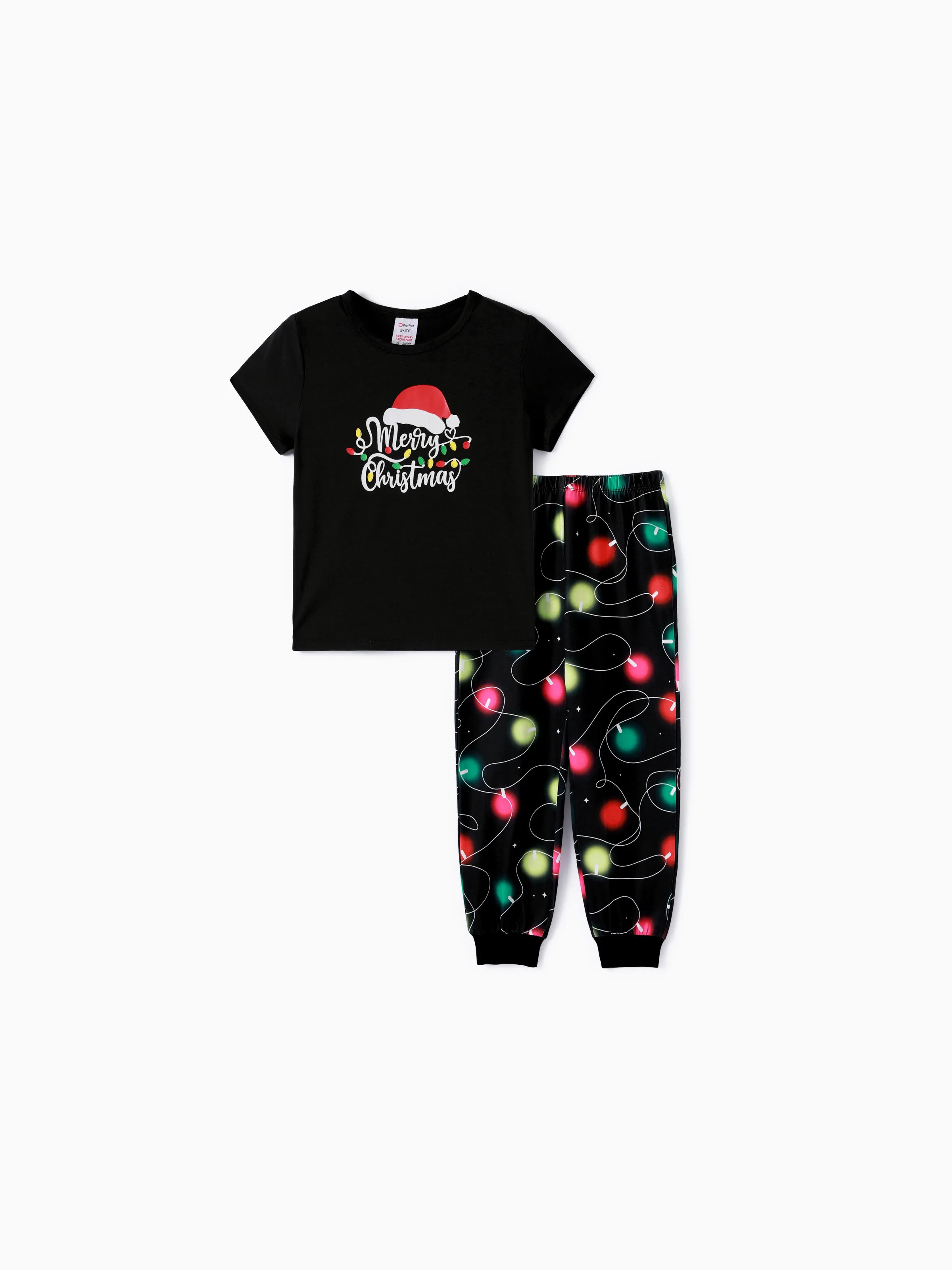 Christmas Family Matching Letters&Festive light bulb Print Short-sleeve Pajamas Sets Black - XNAUWBI