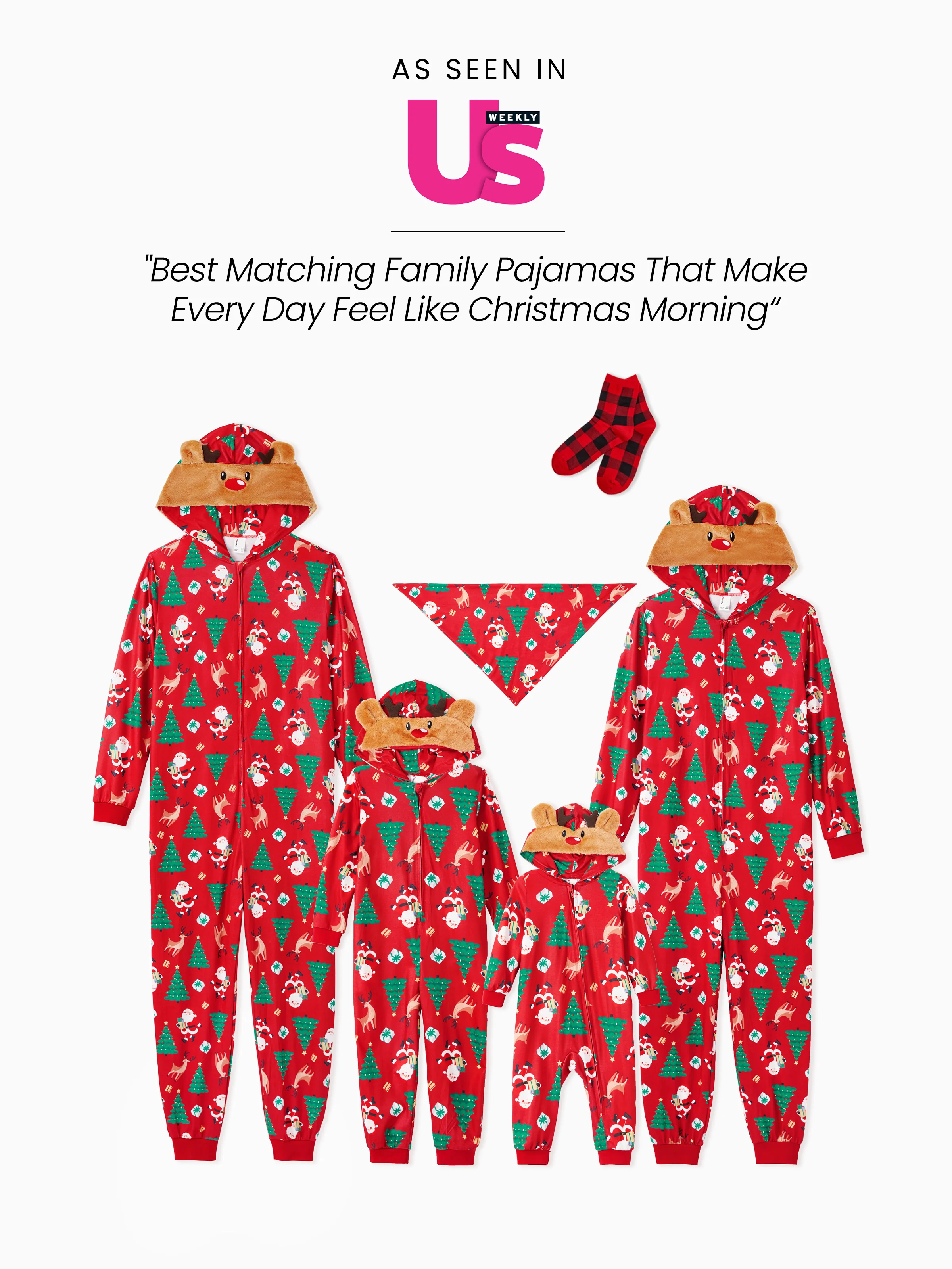 Christmas Family Pajamas Sets 3D Reindeer Hooded Allover Print Onesies with Christmas Socks Red-2 - XNAUWBI
