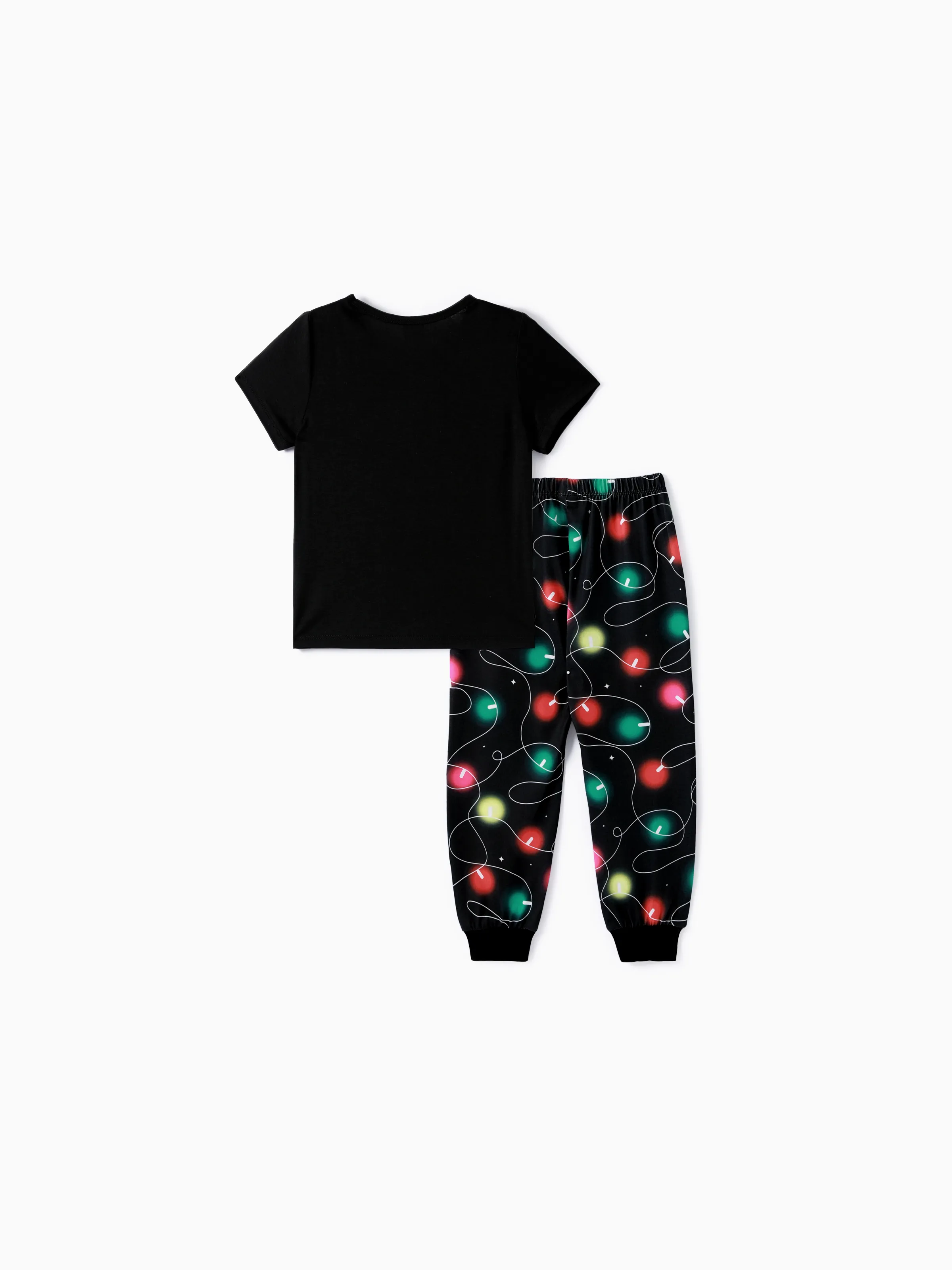Christmas Family Matching Letters&Festive light bulb Print Short-sleeve Pajamas Sets Black - XNAUWBI