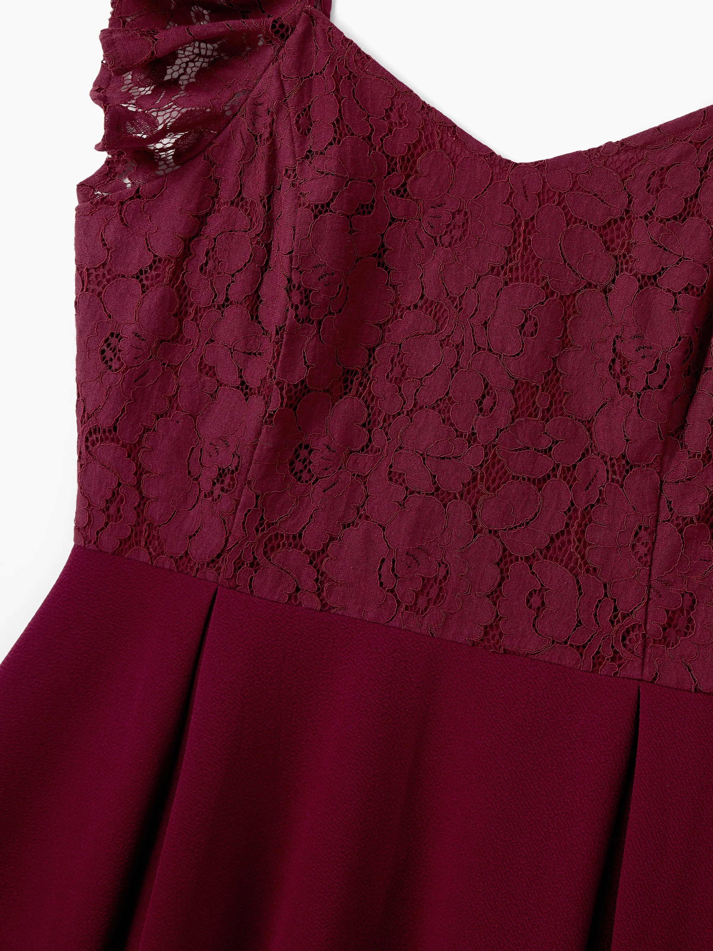 Family Matching Sets Plaid Shirt or Red Wine Lace Ruffle Sleeve A-Line Dress WineRed - XNAUWBI