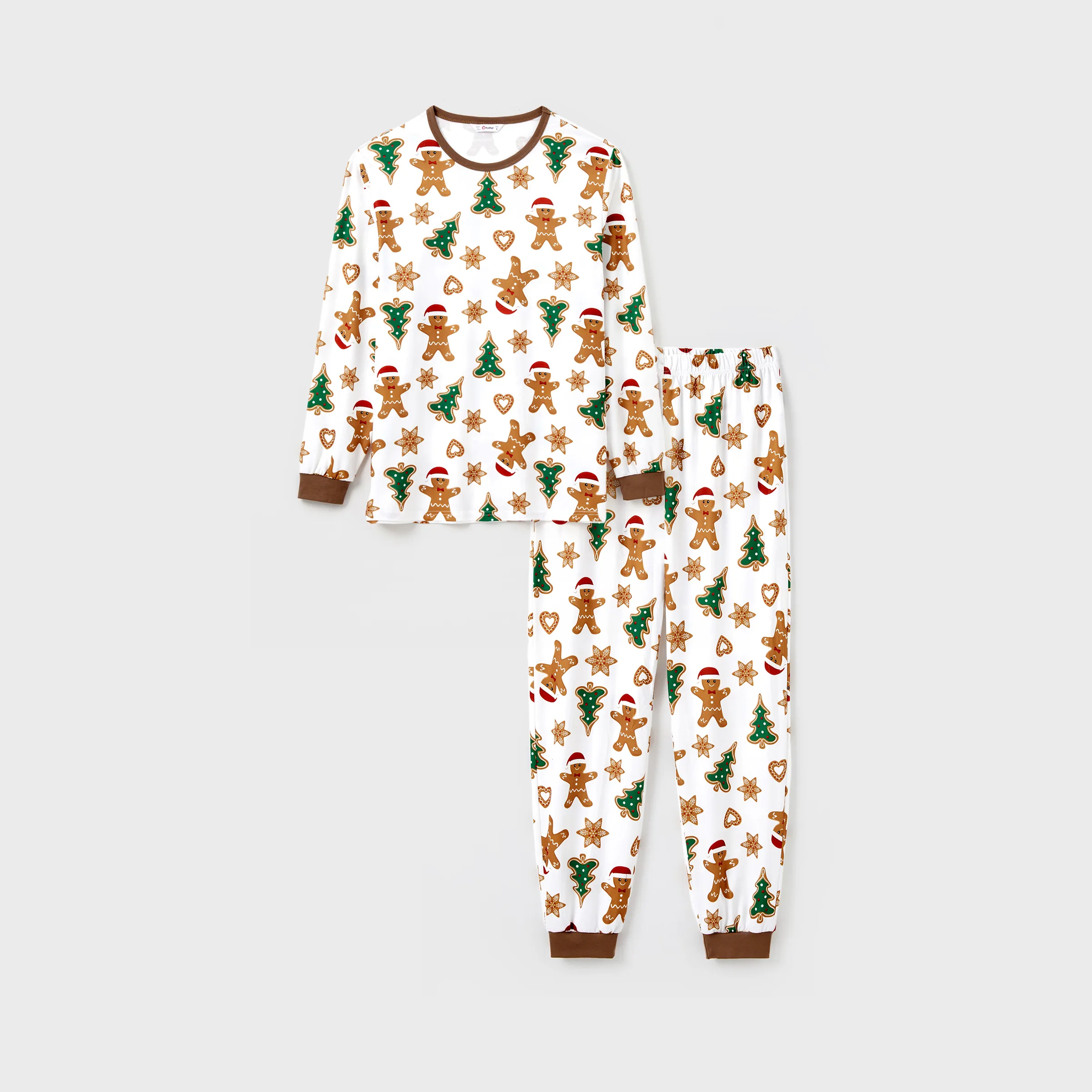 Christmas Family Matching Cartoon Gingerbread Man and Tree All-over Print Long-sleeve Pajamas Sets with Christmas Socks Coffee - XNAUWBI