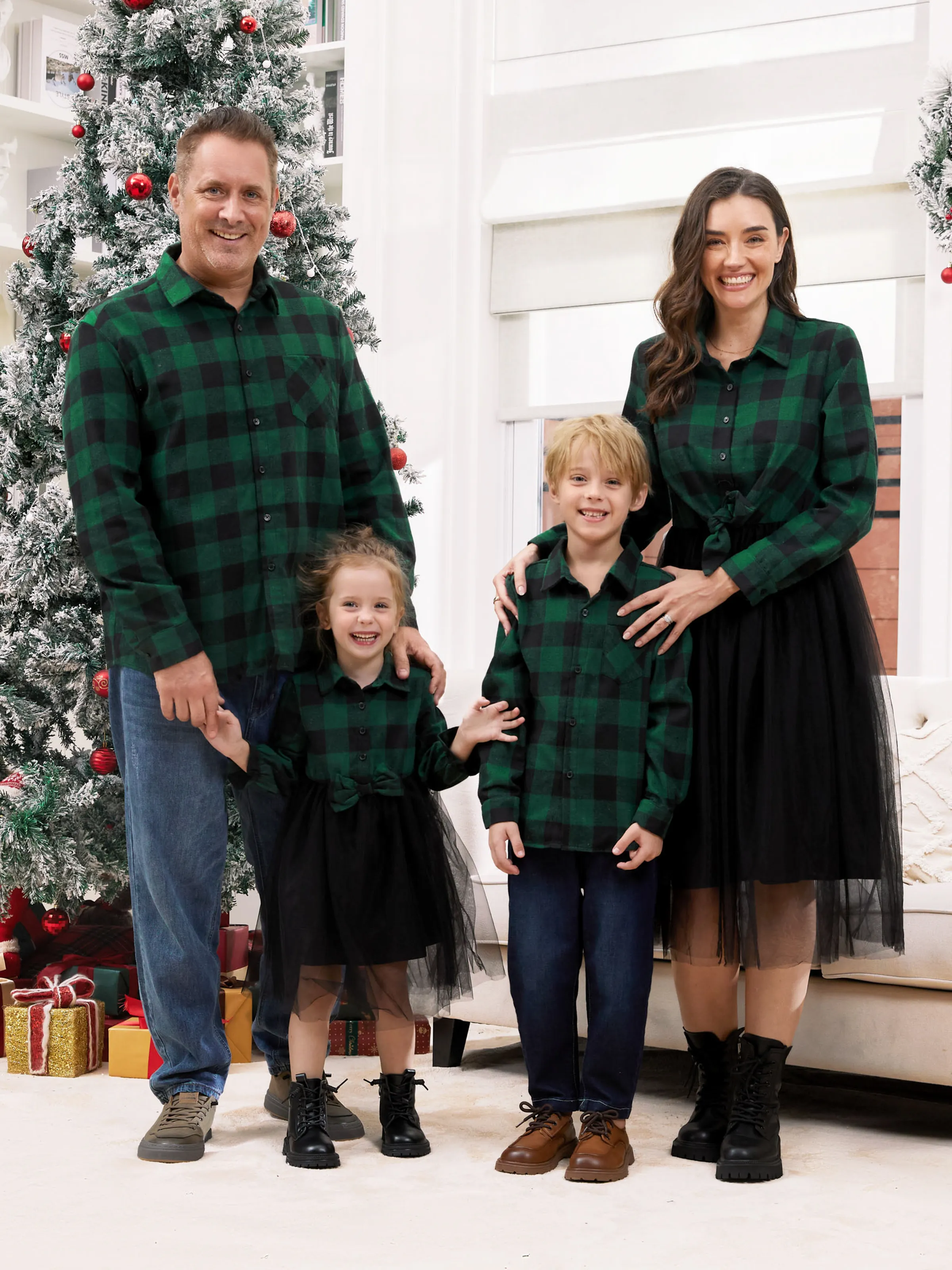 Family Matching Sets Green Plaid Long Sleeves Shirt or Tulle Mesh Dress DarkGreen - XNAUWBI