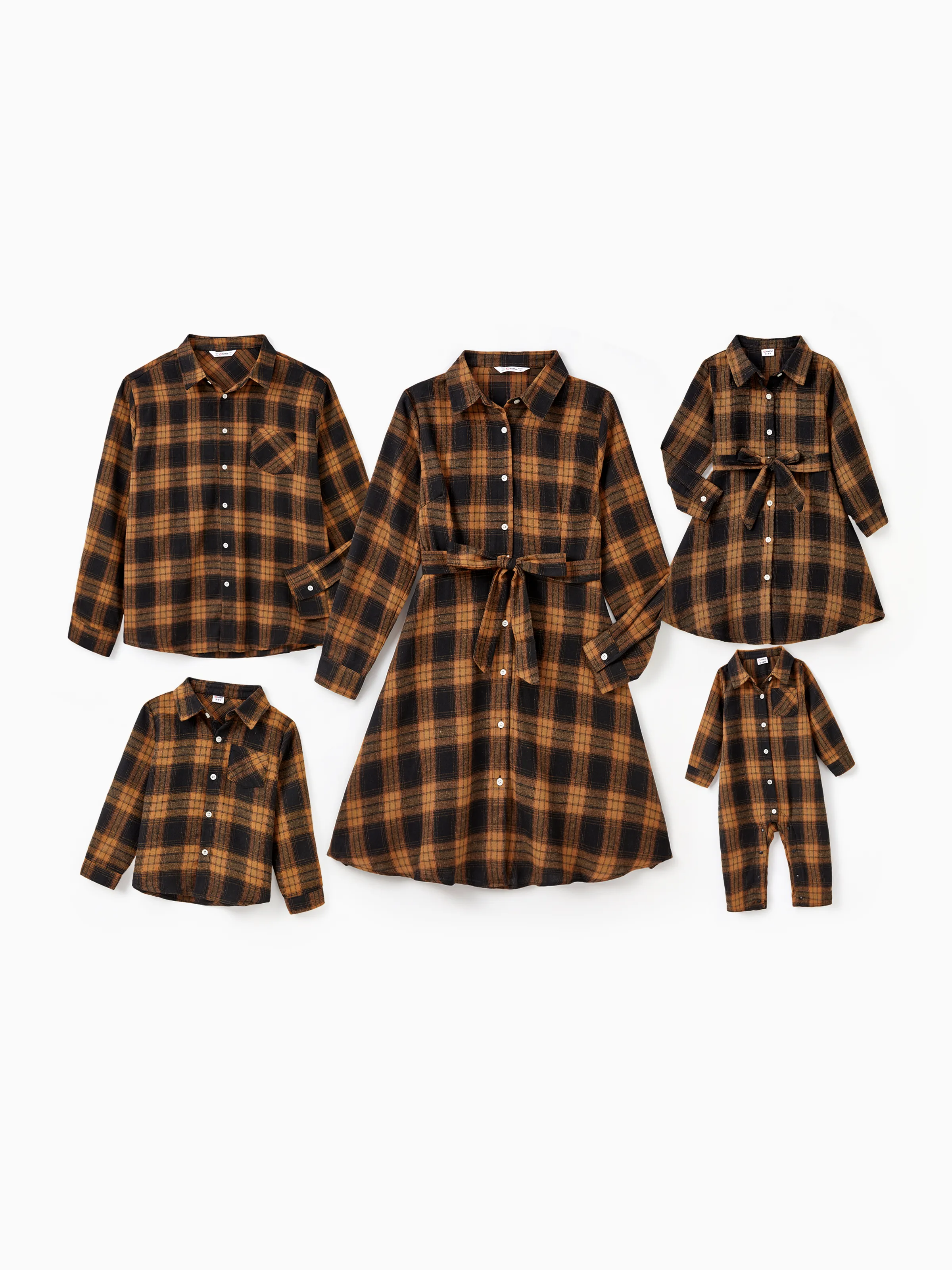 Christmas Family Matching Sets Brown&Black Check Plaid Long-sleeve Botton Dwon Top/Dress/Romper BrownishBlack - XNAUWBI