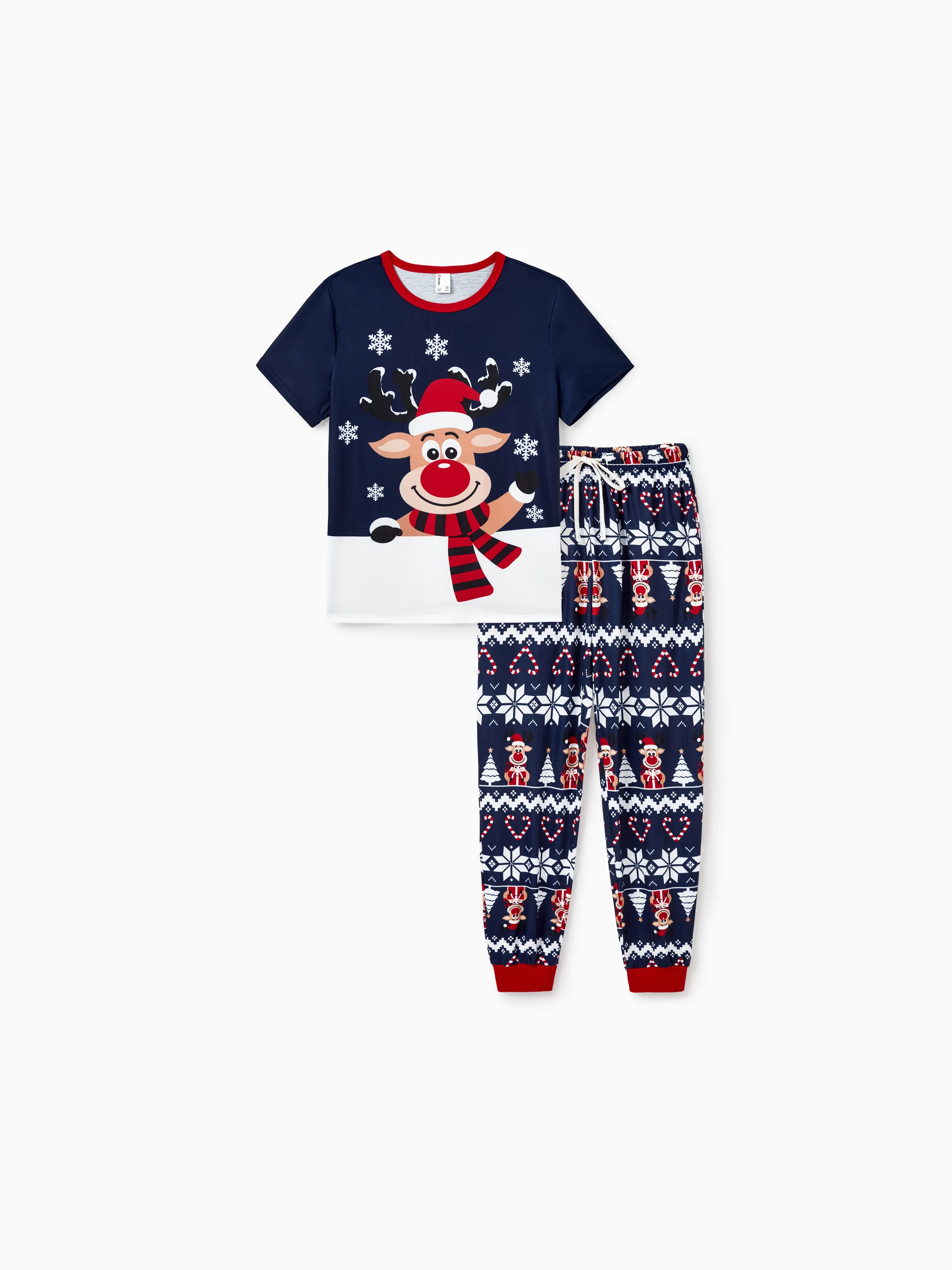 Christmas Matching Family Pajamas Set Reindeer and Snowflake Print PJS Deep Blue - XNAUWBI