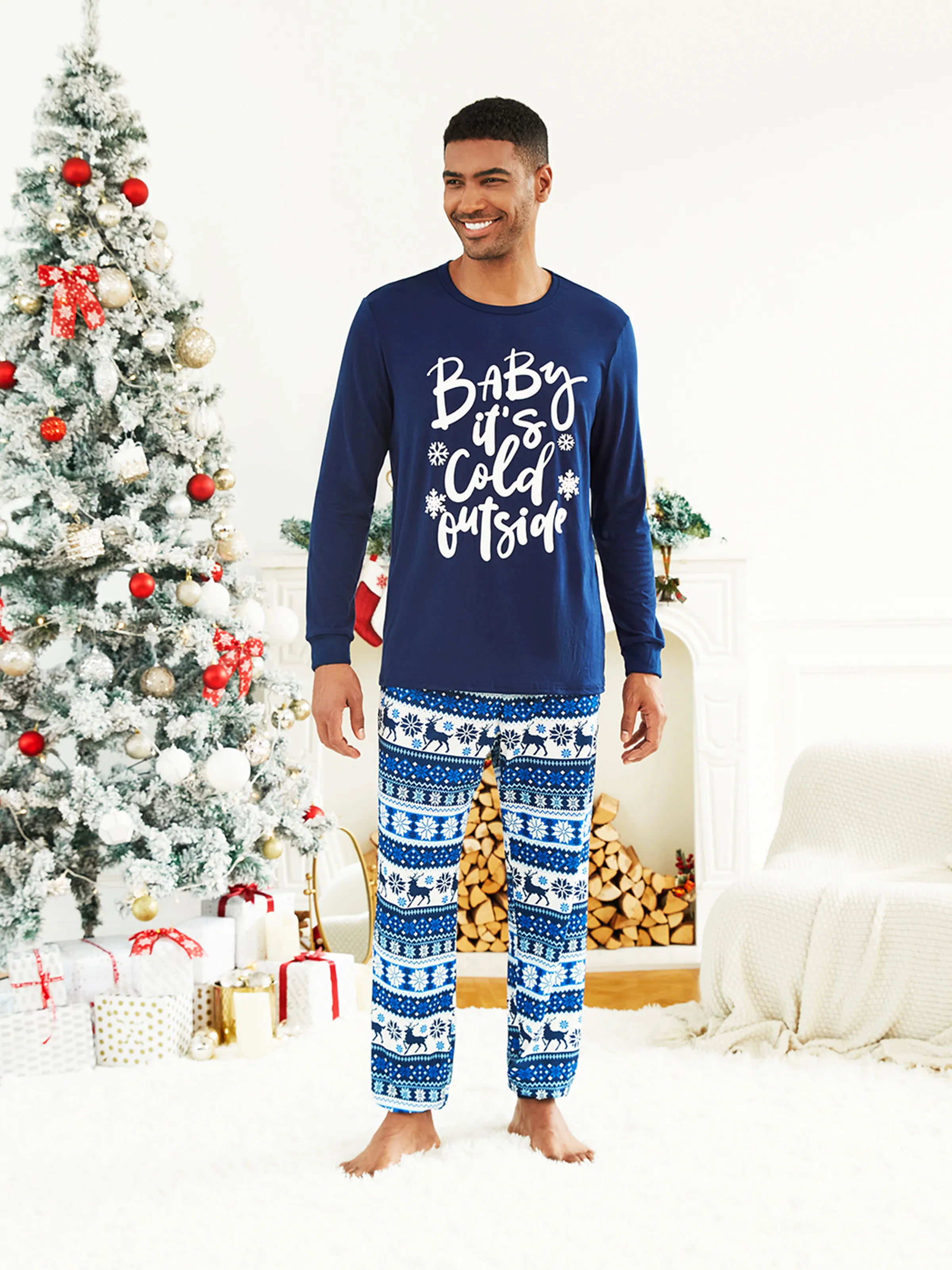 Mosaic Family Matching Letter Top Reindeer Pants Christmas Pajamas Sets with Christmas Socks Deep Blue - XNAUWBI