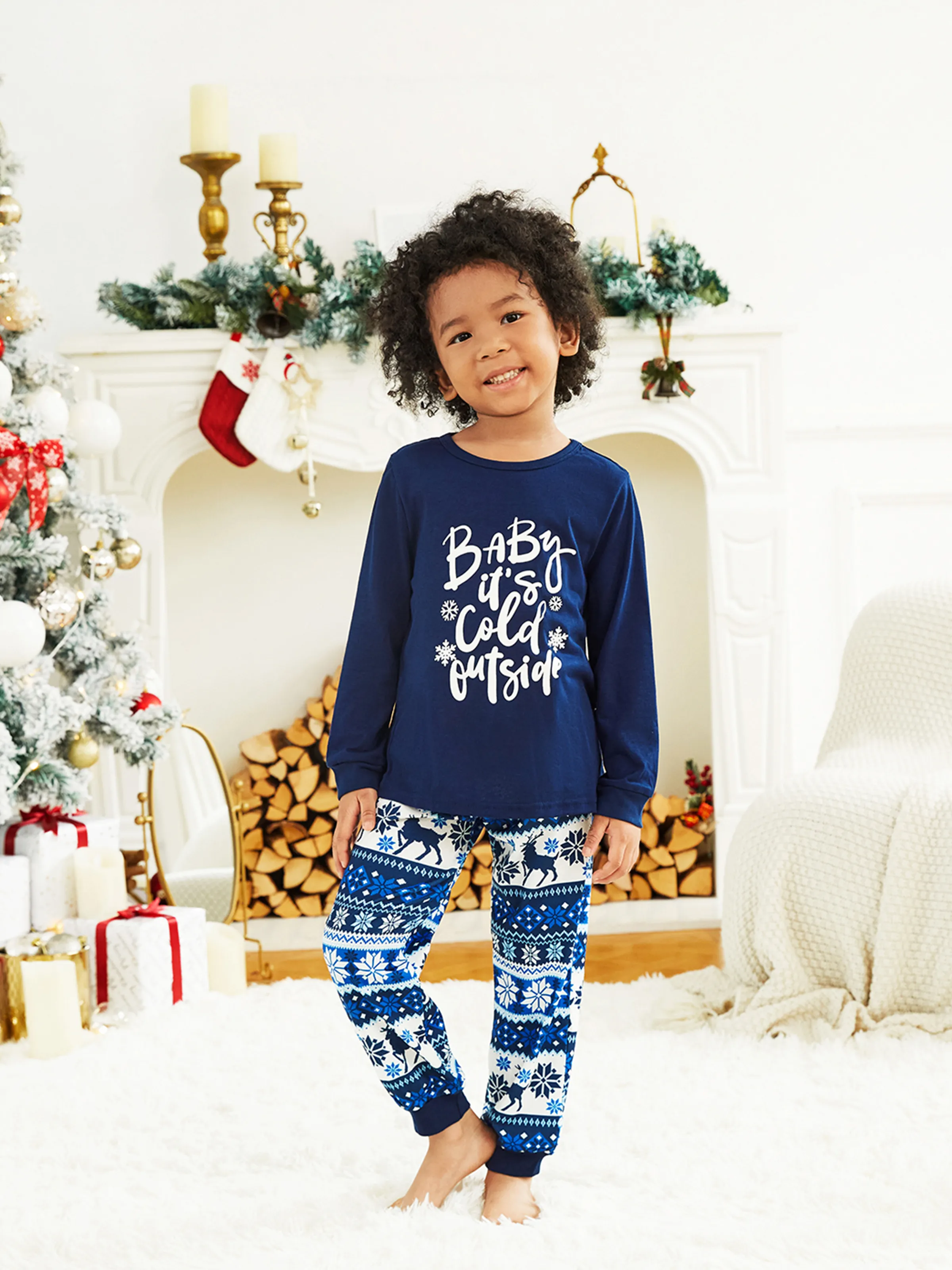 Mosaic Family Matching Letter Top Reindeer Pants Christmas Pajamas Sets with Christmas Socks Deep Blue - XNAUWBI