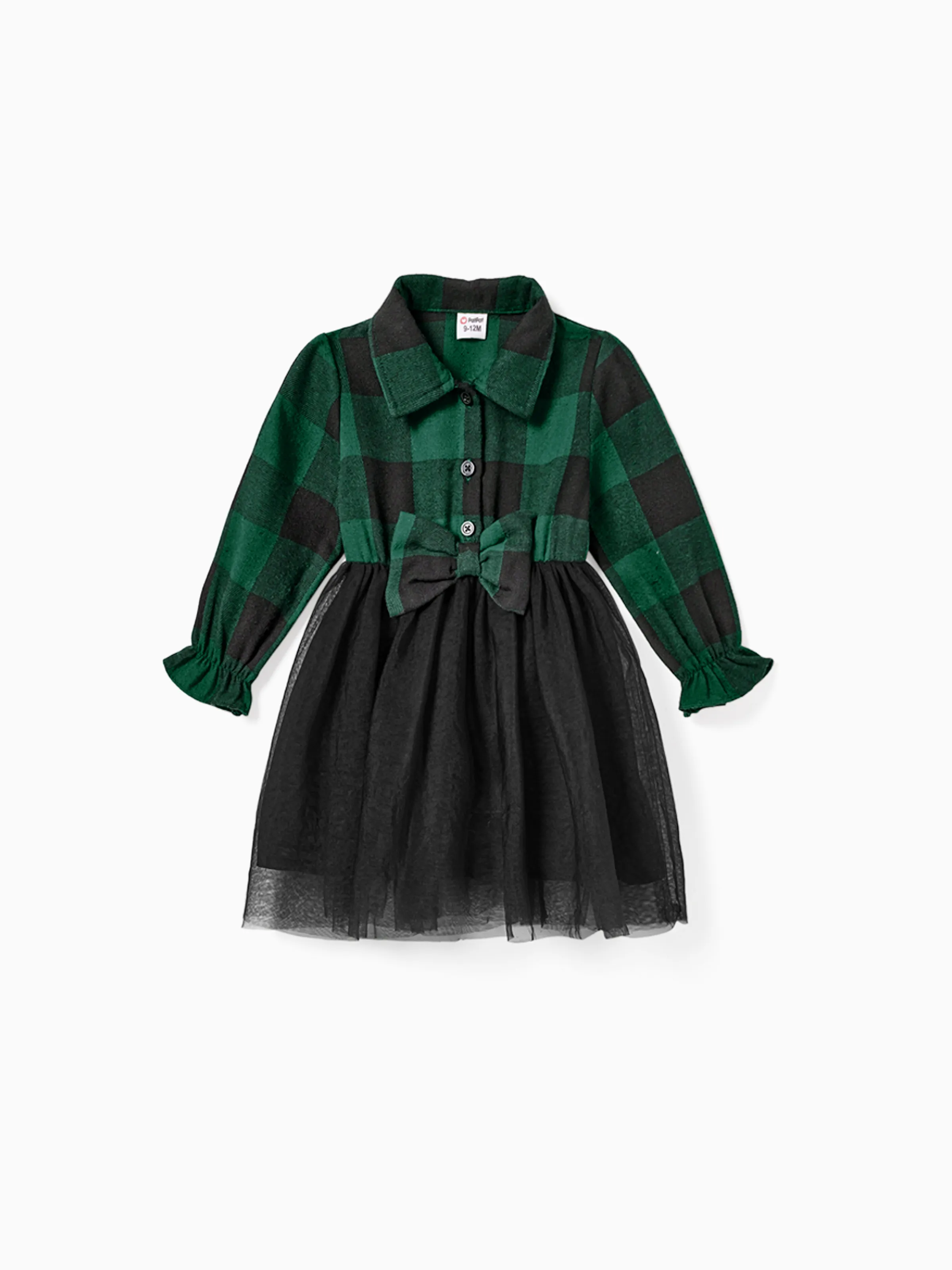 Family Matching Sets Green Plaid Long Sleeves Shirt or Tulle Mesh Dress DarkGreen - XNAUWBI