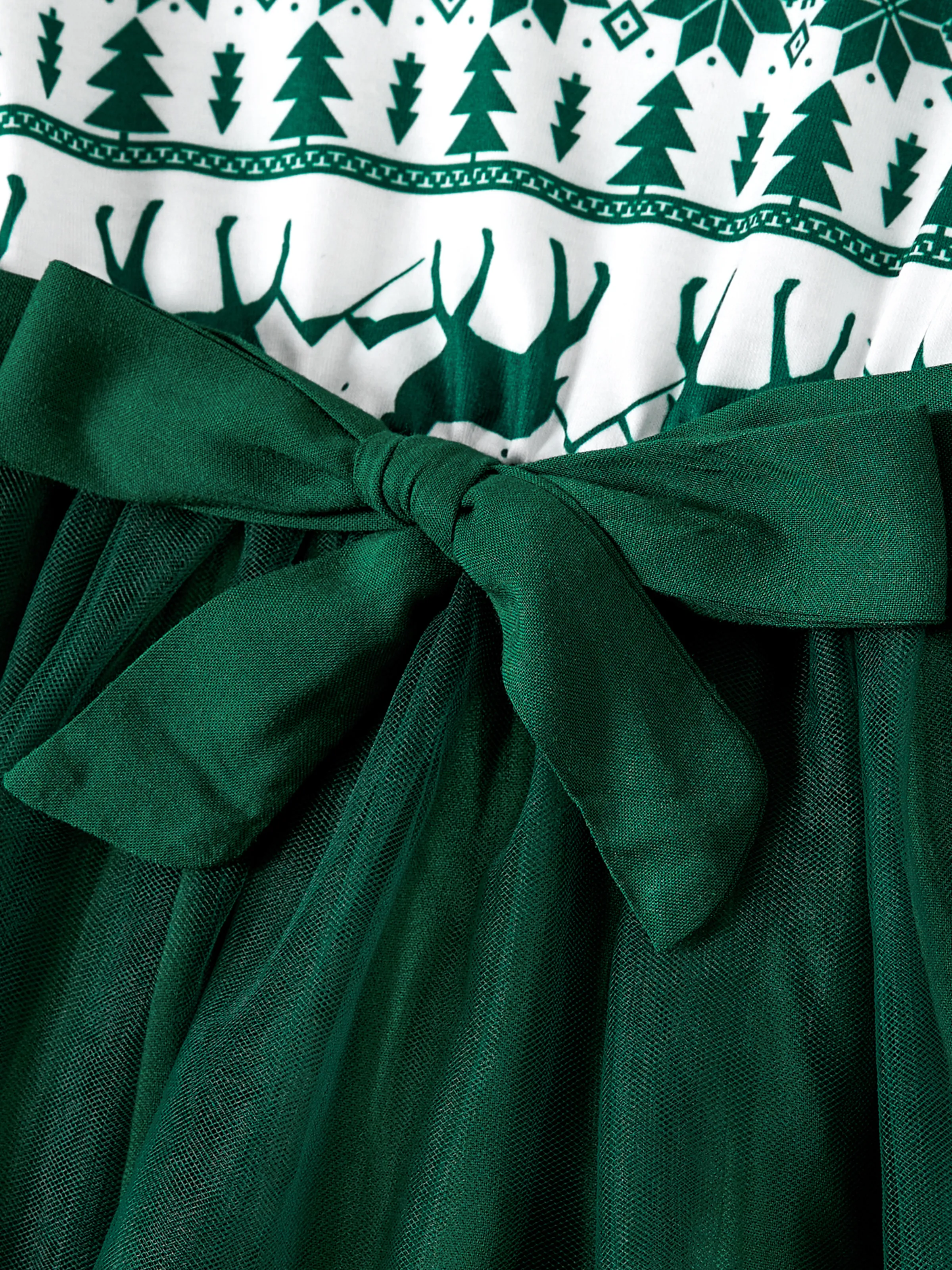 Christmas Family Matching Green Festival Theme Print Tops and Mesh Splicing Dresses Sets Green - XNAUWBI