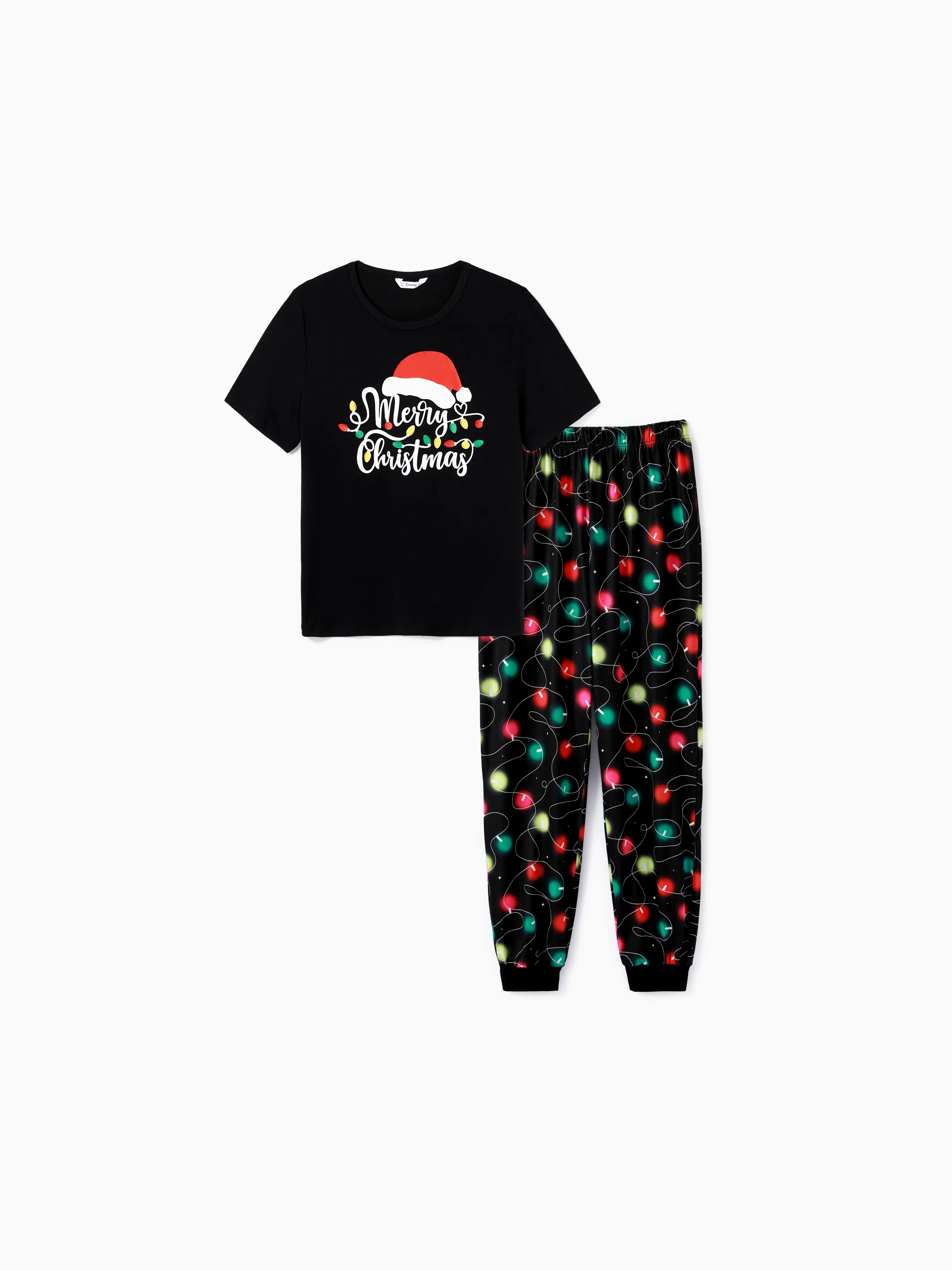 Christmas Family Matching Letters&Festive light bulb Print Short-sleeve Pajamas Sets Black - XNAUWBI